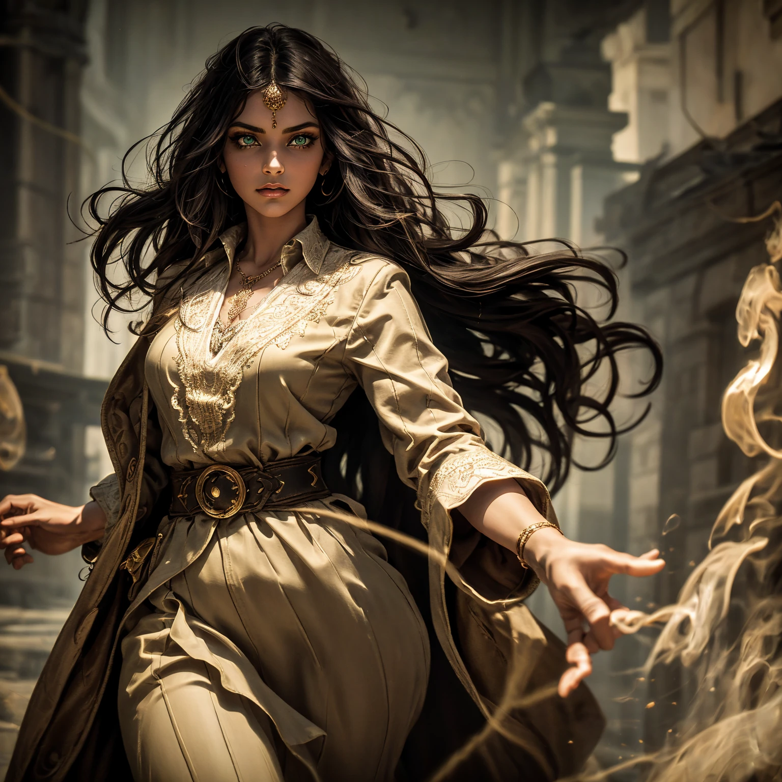 A stunning South-Indian woman, olive-skinned woman, Indian beauty, with bright green eyes, standing in swirling black smoke, with dark brown-black long wavy hair, mesmerizing features with a scary expression, finely detailed eyes, angry mood masterpiece, top quality, best quality, official art, beautiful and aesthetic:1.2), (1girl), extreme detailed,(fractal art:1.3), colorful, highest detailed, (masterpiece, best quality:1.3) professional digital painting, Unreal Engine 5. Wearing a black-buttoned-up military-trench coat. Scary void dripping from body and face black magic swirling around. Black smoke swirled around her. Purple-tinted background. In a 1920 setting, at a farm, wearing 1930 style clothing, , masterpiece, top quality, best quality, official art, beautiful and aesthetic:1.2), (1girl), extreme detailed,(fractal art:1.3), pink, purple, highest detailed, (masterpiece, best quality:1.3) 1 green-eyed woman, professional digital painting, Unreal Engine 5. Wearing linen blouse, Wearing long skirt, Long hair, hopeful expression, finely detailed eyes, smiling, epic scene, epic composition, Cinematic Lighting, Volumetric Lighting, ethereal light, intricate details, extremely detailed volumetric rays. Green Eyes. [Beautiful girl, linen shirt and pants, oil painting, Detailed facial features, Sunlight, bright colors, dramatic lighting, expressive eyes and lips, High Resolution]
