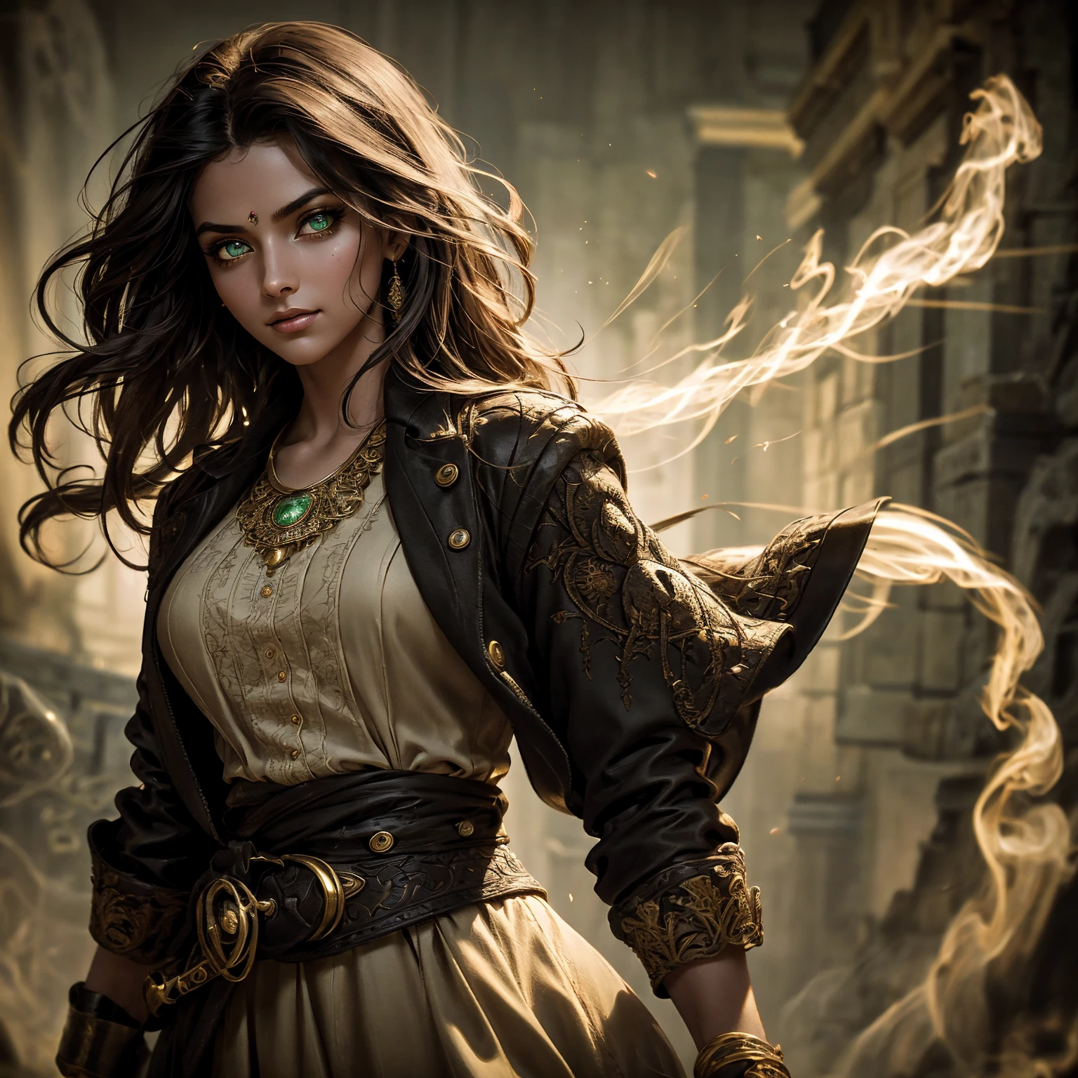 A stunning South-Indian woman, olive-skinned woman, Indian beauty, with bright green eyes, standing in swirling black smoke, with dark brown-black long wavy hair, mesmerizing features with a scary expression, finely detailed eyes, angry mood masterpiece, top quality, best quality, official art, beautiful and aesthetic:1.2), (1girl), extreme detailed,(fractal art:1.3), colorful, highest detailed, (masterpiece, best quality:1.3) professional digital painting, Unreal Engine 5. Wearing a black-buttoned-up military-trench coat. Scary void dripping from body and face black magic swirling around. Black smoke swirled around her. Purple-tinted background. In a 1920 setting, at a farm, wearing 1930 style clothing, , masterpiece, top quality, best quality, official art, beautiful and aesthetic:1.2), (1girl), extreme detailed,(fractal art:1.3), pink, purple, highest detailed, (masterpiece, best quality:1.3) 1 green-eyed woman, professional digital painting, Unreal Engine 5. Wearing linen blouse, Wearing long skirt, Long hair, hopeful expression, finely detailed eyes, smiling, epic scene, epic composition, Cinematic Lighting, Volumetric Lighting, ethereal light, intricate details, extremely detailed volumetric rays. Green Eyes. [Beautiful girl, linen shirt and pants, oil painting, Detailed facial features, Sunlight, bright colors, dramatic lighting, expressive eyes and lips, High Resolution]
