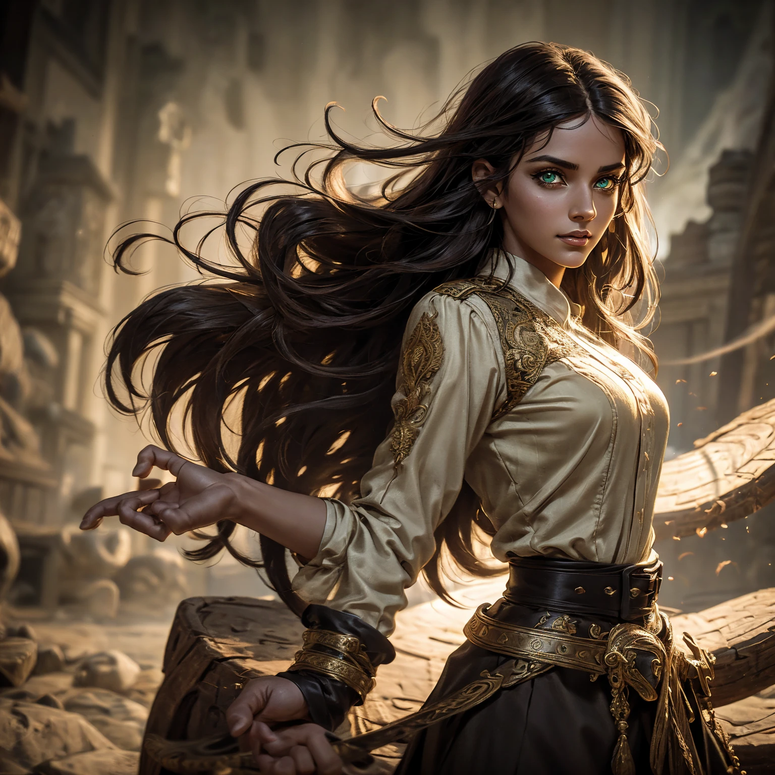 A stunning South-Indian woman, olive-skinned woman, Indian beauty, with bright green eyes, standing in swirling black smoke, with dark brown-black long wavy hair, mesmerizing features with a scary expression, finely detailed eyes, angry mood masterpiece, top quality, best quality, official art, beautiful and aesthetic:1.2), (1girl), extreme detailed,(fractal art:1.3), colorful, highest detailed, (masterpiece, best quality:1.3) professional digital painting, Unreal Engine 5. Wearing a black-buttoned-up military-trench coat. Scary void dripping from body and face black magic swirling around. Black smoke swirled around her. Purple-tinted background. In a 1920 setting, at a farm, wearing 1930 style clothing, , masterpiece, top quality, best quality, official art, beautiful and aesthetic:1.2), (1girl), extreme detailed,(fractal art:1.3), pink, purple, highest detailed, (masterpiece, best quality:1.3) 1 green-eyed woman, professional digital painting, Unreal Engine 5. Wearing linen blouse, Wearing long skirt, Long hair, hopeful expression, finely detailed eyes, smiling, epic scene, epic composition, Cinematic Lighting, Volumetric Lighting, ethereal light, intricate details, extremely detailed volumetric rays. Green Eyes. [Beautiful girl, linen shirt and pants, oil painting, Detailed facial features, Sunlight, bright colors, dramatic lighting, expressive eyes and lips, High Resolution]

