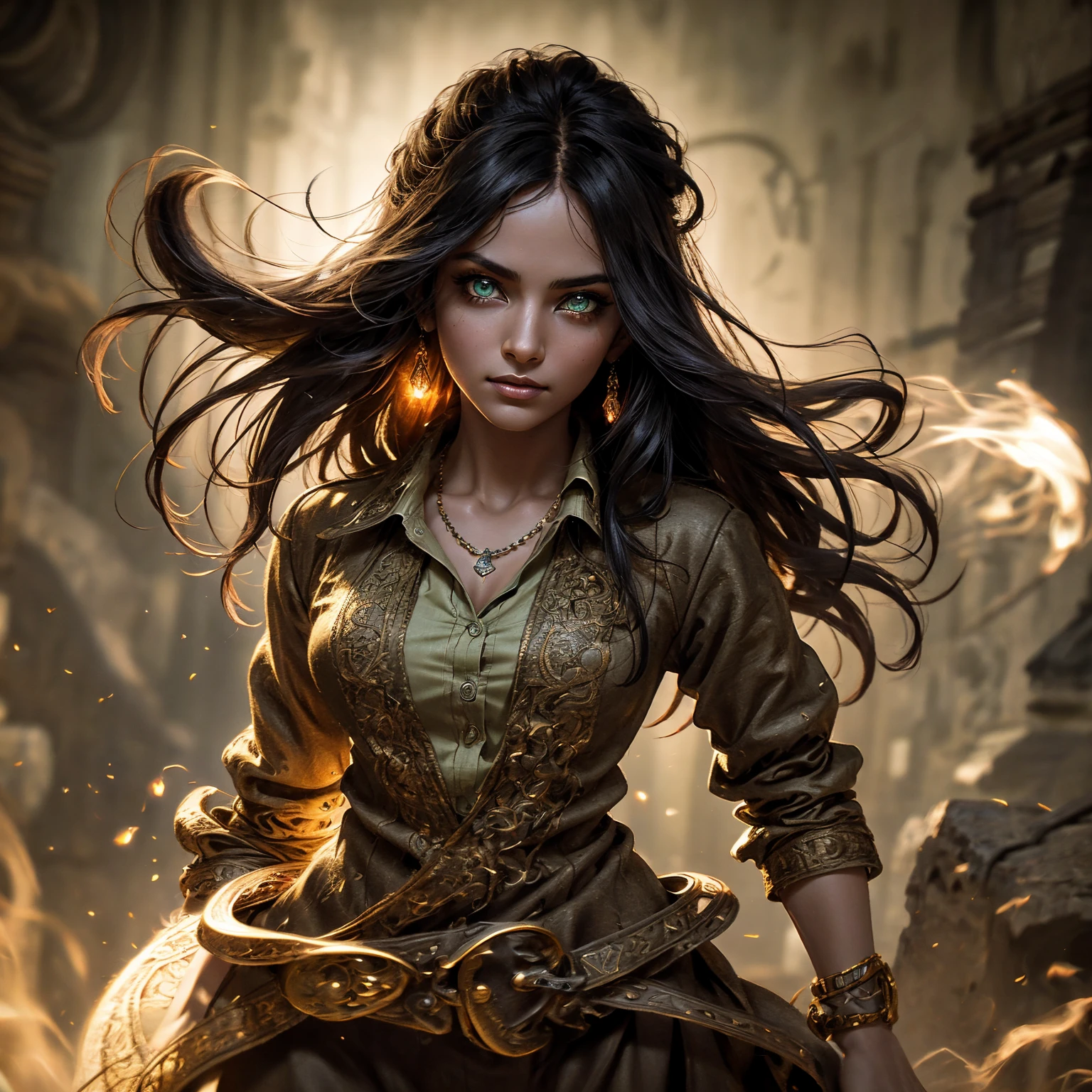 A stunning South-Indian woman, olive-skinned woman, Indian beauty, with bright green eyes, standing in swirling black smoke, with dark brown-black long wavy hair, mesmerizing features with a scary expression, finely detailed eyes, angry mood masterpiece, top quality, best quality, official art, beautiful and aesthetic:1.2), (1girl), extreme detailed,(fractal art:1.3), colorful, highest detailed, (masterpiece, best quality:1.3) professional digital painting, Unreal Engine 5. Wearing a black-buttoned-up military-trench coat. Scary void dripping from body and face black magic swirling around. Black smoke swirled around her. Purple-tinted background. In a 1920 setting, at a farm, wearing 1930 style clothing, , masterpiece, top quality, best quality, official art, beautiful and aesthetic:1.2), (1girl), extreme detailed,(fractal art:1.3), pink, purple, highest detailed, (masterpiece, best quality:1.3) 1 green-eyed woman, professional digital painting, Unreal Engine 5. Wearing linen blouse, Wearing long skirt, Long hair, hopeful expression, finely detailed eyes, smiling, epic scene, epic composition, Cinematic Lighting, Volumetric Lighting, ethereal light, intricate details, extremely detailed volumetric rays. Green Eyes. [Beautiful girl, linen shirt and pants, oil painting, Detailed facial features, Sunlight, bright colors, dramatic lighting, expressive eyes and lips, High Resolution]
