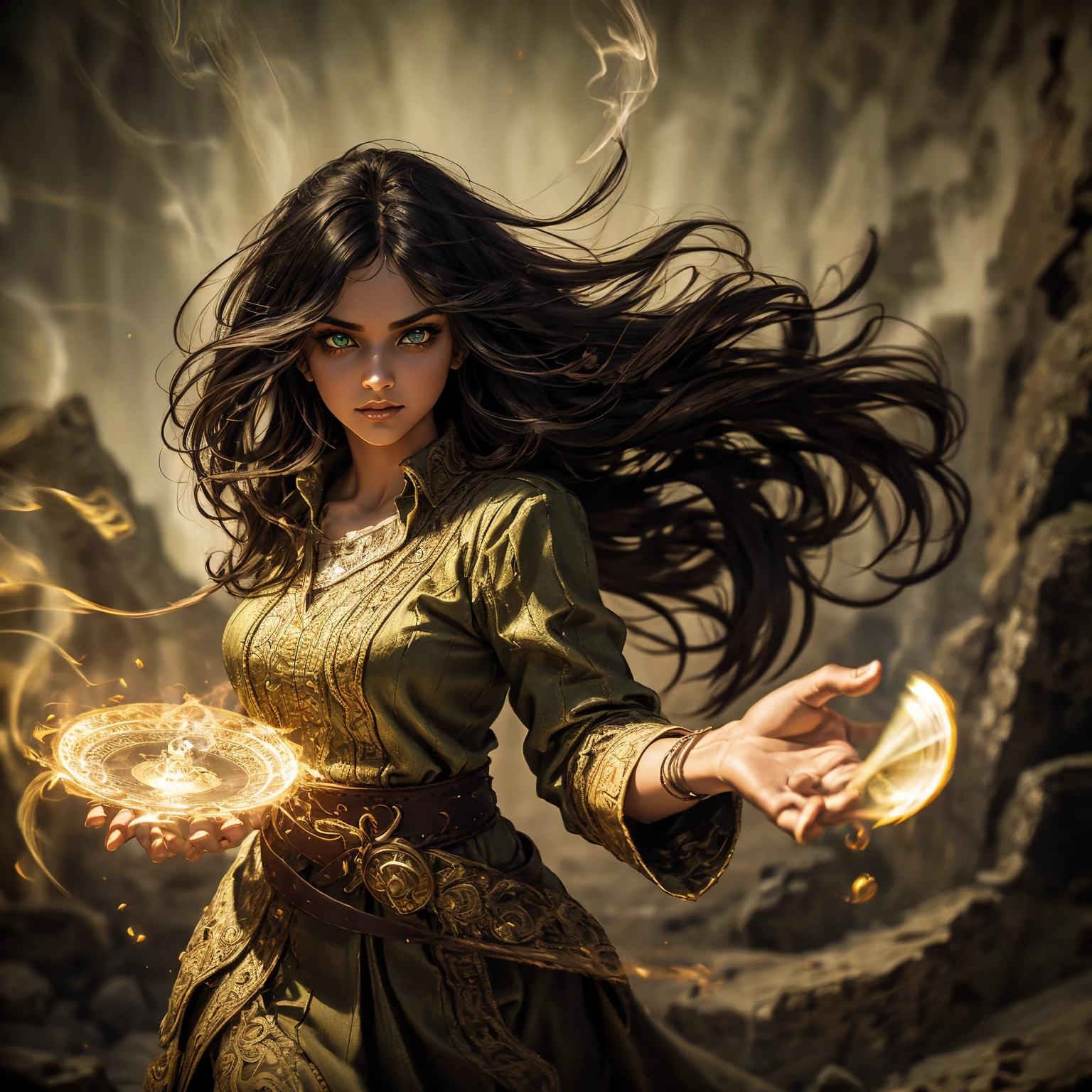 A stunning South-Indian woman, olive-skinned woman, Indian beauty, with bright green eyes, standing in swirling black smoke, with dark brown-black long wavy hair, mesmerizing features with a scary expression, finely detailed eyes, angry mood masterpiece, top quality, best quality, official art, beautiful and aesthetic:1.2), (1girl), extreme detailed,(fractal art:1.3), colorful, highest detailed, (masterpiece, best quality:1.3) professional digital painting, Unreal Engine 5. Wearing a black-buttoned-up military-trench coat. Scary void dripping from body and face black magic swirling around. Black smoke swirled around her. Purple-tinted background. In a 1920 setting, at a farm, wearing 1930 style clothing, , masterpiece, top quality, best quality, official art, beautiful and aesthetic:1.2), (1girl), extreme detailed,(fractal art:1.3), pink, purple, highest detailed, (masterpiece, best quality:1.3) 1 green-eyed woman, professional digital painting, Unreal Engine 5. Wearing linen blouse, Wearing long skirt, Long hair, hopeful expression, finely detailed eyes, smiling, epic scene, epic composition, Cinematic Lighting, Volumetric Lighting, ethereal light, intricate details, extremely detailed volumetric rays. Green Eyes. [Beautiful girl, linen shirt and pants, oil painting, Detailed facial features, Sunlight, bright colors, dramatic lighting, expressive eyes and lips, High Resolution]
