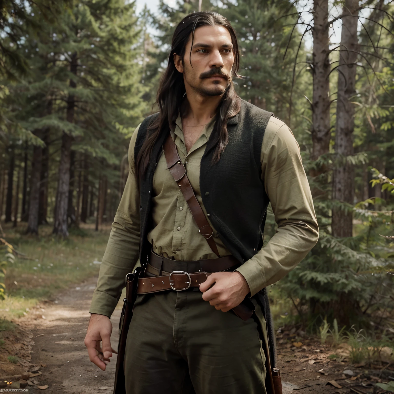A man with long black hair thats usually in a low ponytail against his back. He has a strong jaw and thick mustache and stubble. He looks in his late 20's. His eye color is forest green with hazel in the middle. He's 6'6 and lean, muscular with a thin waist. He's wearing red dead redemption styled clothes.