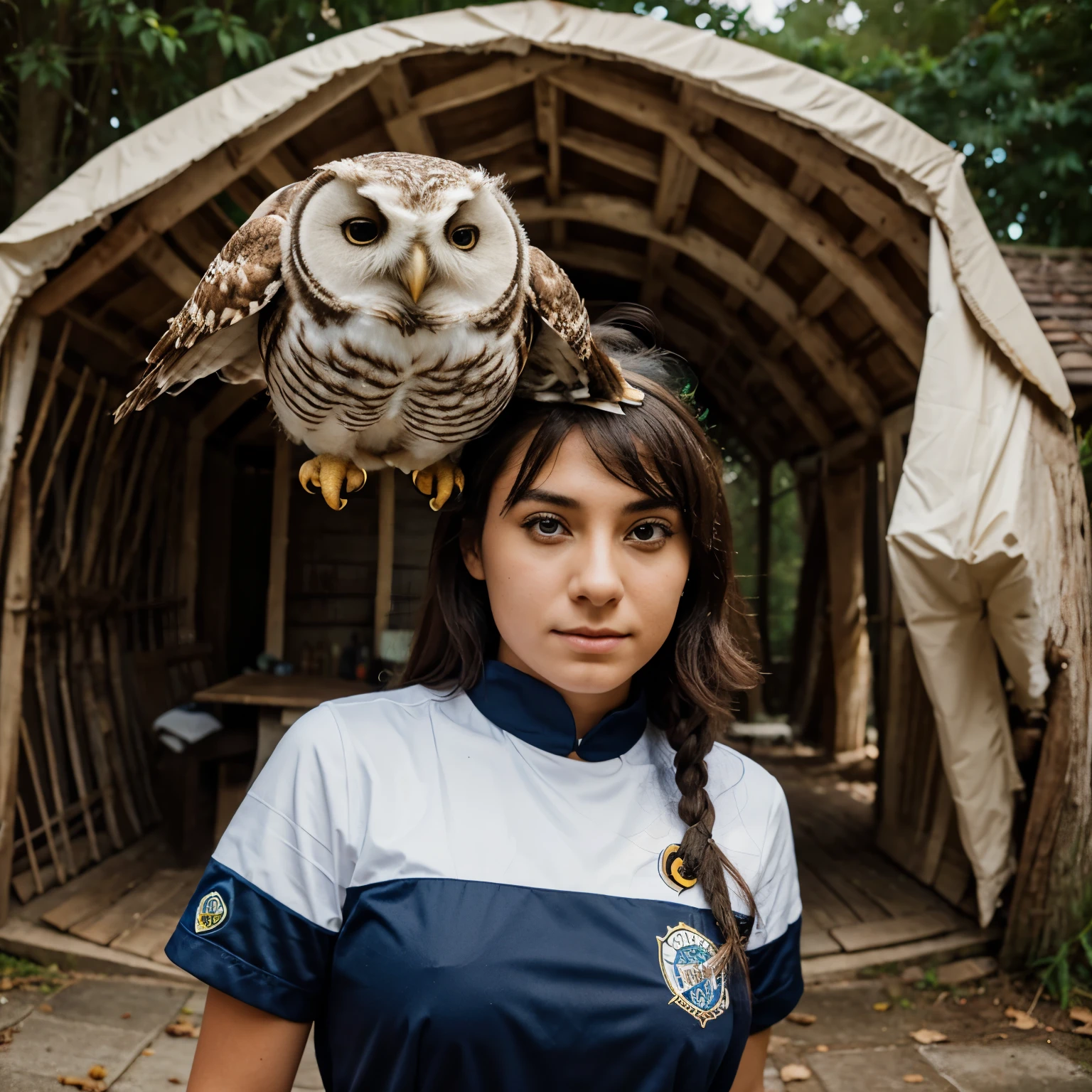 Create a photo that has the top part of a person in a shell uniform with an owl's head