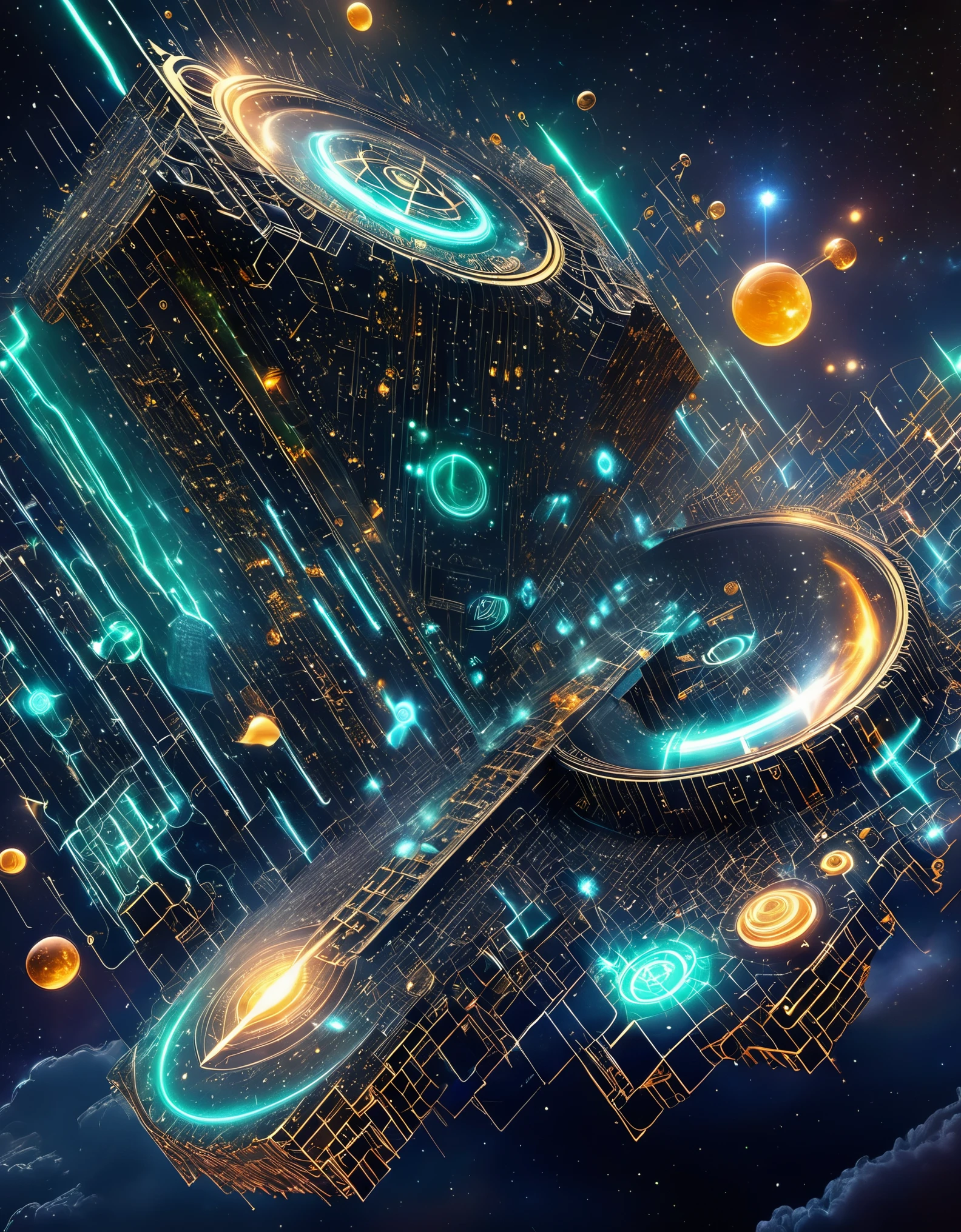 (Magic Formation), a very unified CG design, 3D renderings, mysterious geometry, sharp focus, (transparent ghost face magician floating in front of the Twelve Constellations Magic Formation), (beautiful witch with nine arms: 0.85), (each arm dragging various constellation symbols and magic balls and crows: 0.65), （orange cat,），internal glow，beam，exceptionally charming sapphire blue eyes, robe, green dragon crescent sword, carved long sword, clear Mobius ring, and the collapse of heaven and earth, Clear magic symbols, combination magic arrays, summoning, material and non-material transformations, gold cultivation and other complex combination rituals, adopting the Mike Winkelman style, surrealism, surrealism, surreal digital art, Visual Exaggeration, Nanopunk, Atompunk, Assembly, Circuit, Light Painting, Aries, etc, ♈ Hey Taurus, ♉ Hey Gemini, ♊ Hey, Cancer, ♋ Hey, Scorpio, ♏ Hey, Libra, ♎ Ah, Virgo, ♍ Hey Leo, ♌ Ah, Sagittarius ♐ Hey Capricornus, ♑ Ah, Aquarius, ♒ Hey, Pisces, ♓ Um, Unreal engine, octane render, V-Ray, high detail, high quality, high resolution, surrealism, 16K, super wide angle, satellite view, biomedical science