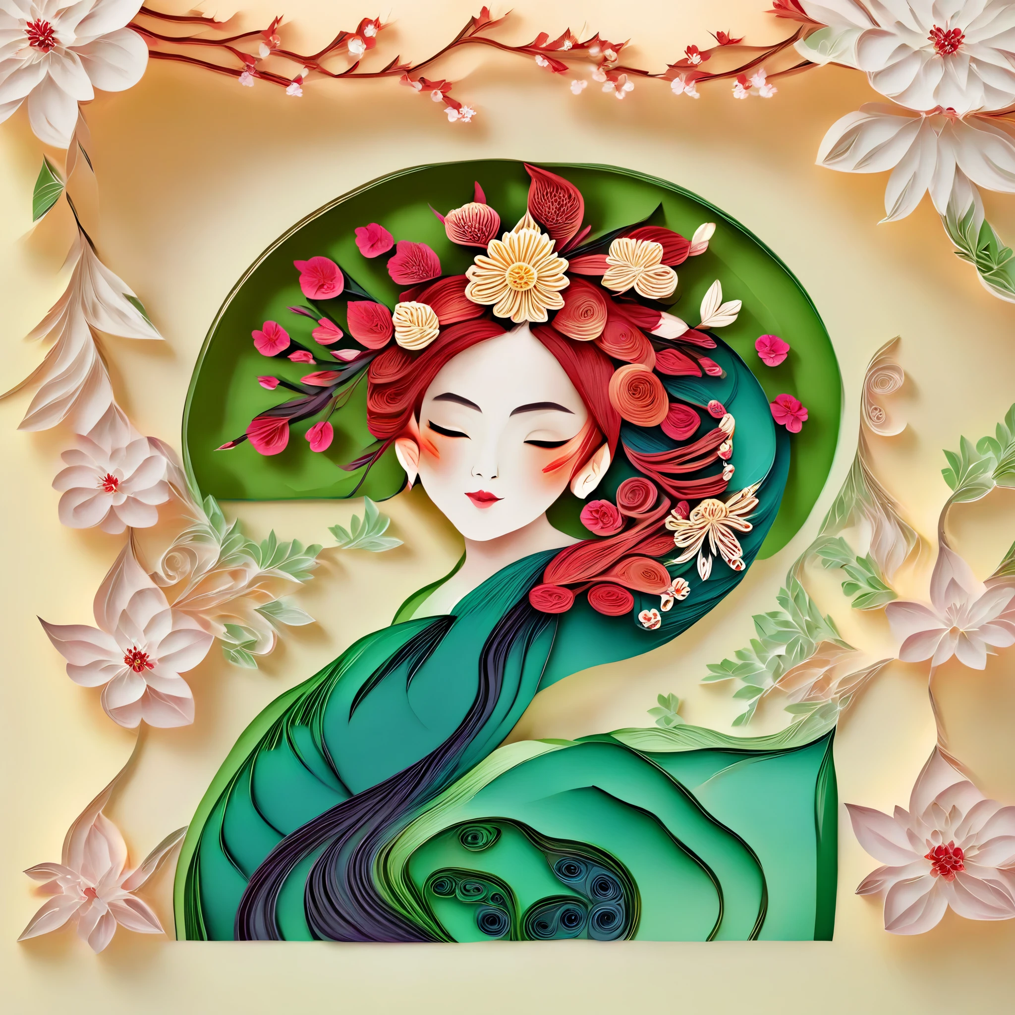 Light Green background,(Beautiful girl portrait,Plum Blossom, Jasmine),(Oriental elements, Chinese color,Very colorful),(number art, paper art,layered paper art,paper quilling,paper-cut,paper sculpture)