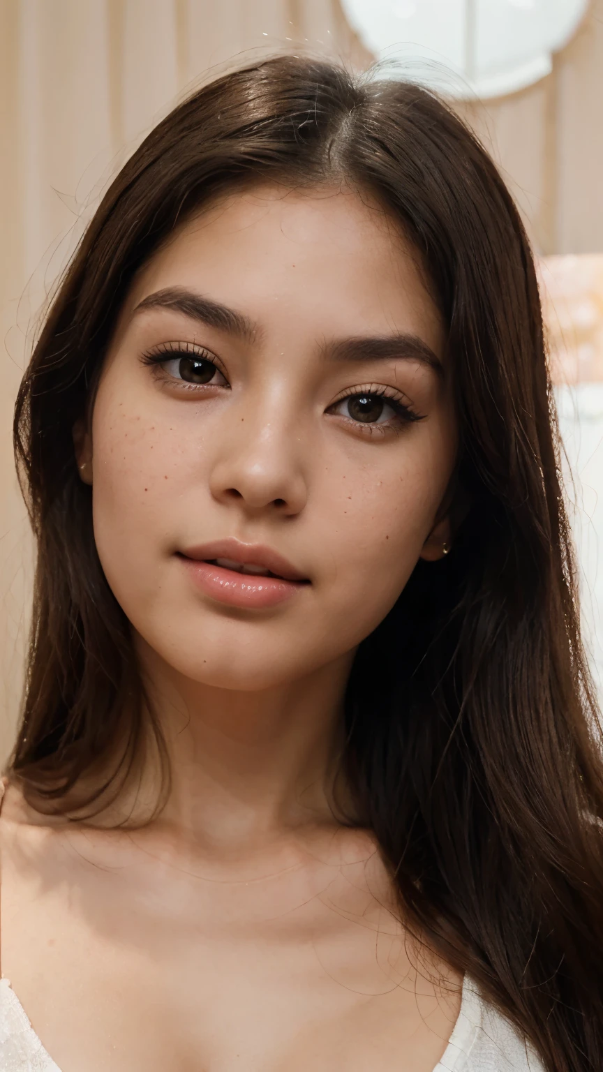 “A teenage of about 27 to 28year old Asian girl with fair skin and brown eyes is looking at the camera. Her almond-shaped eyes have a deep brown iris. She has a soft smile on her naturally pink lips and less dense eyebrows. Her hair is long and black. She has a chubby, oval-shaped face with high cheekbones and a medium-sized nose. Her skin has a natural glow, freckles, and a subtle blush. She is under soft lighting that highlights her skin texture. She is looking upwards, showing her long eyelashes. Her full lips have a natural gloss. She has various expressions, from surprise to laughter. A high-resolution image captures all her skin details. She is posing for a photoshoot with slight makeup, enhancing her natural beauty a little shine in her hair for clarity or texture even tone in skin highly detail photoshoot for the front face from a distance of about 1 to 1.5 metre with slight blush and face structure from urvashi rautela crystal clear skin with natural glow with highly detailing skin smooth texture reduce the amount of blackheads she is having apply her pink lip gloss 