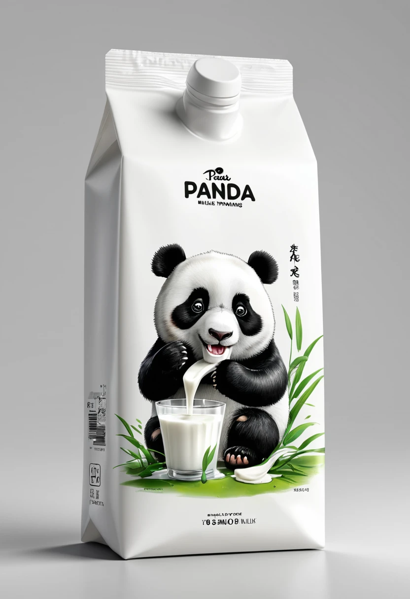 Modern packaging design, milk product packaging bag, Panda drinking milk illustration, simple white background, HD resolution, simple style, actual, Natural light, Glossy plastic packaging bag, (best quality, masterpiece, Representative work, official art, Professional, 8k, Ultra intricate detailed:1.3)