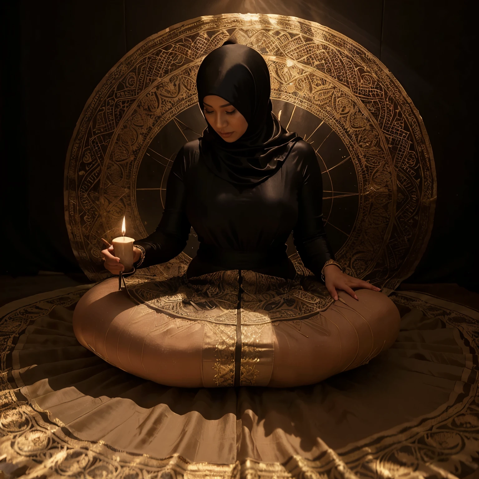 A (mature (age 40) curvaceous Malaysian woman, hijab no hair showing, silk magic gown), is a witch summoning a mythical monster into a magic circle