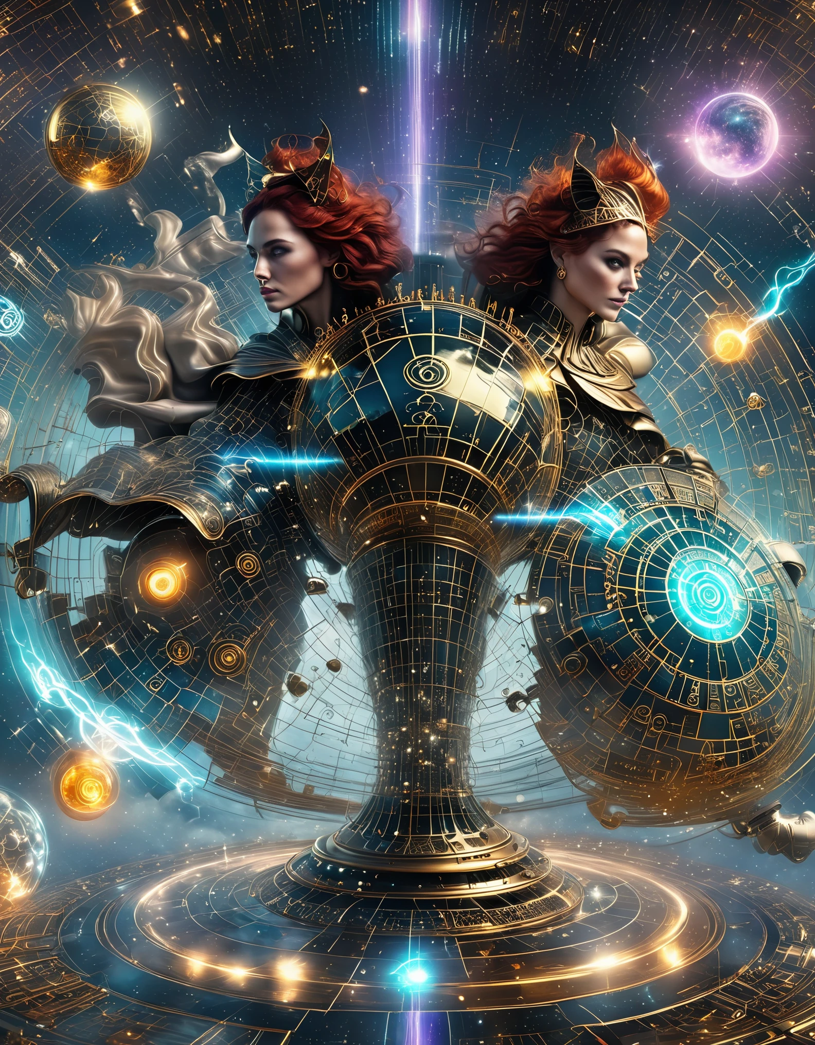Magic formation, 3D renderings, mysterious geometry, sharp focus, (transparent ghost faced magician floating in front of the twelve zodiac magic formation), beautiful witch with nine arms, each dragging various zodiac symbols, magic ball, crow, orange cat, exceptionally charming blue eyes, robe, green dragon crescent sword, carved long sword, clear Mobius ring, heaven and earth collapse, clear magic symbols, combination magic formation, summoning, Complex combination rituals such as material and non-material transformation, gold cultivation, etc., using the Mike Winckelman style, surrealism, surrealism, surreal digital art, Visual Exaggeration, Nanopunk, Atompunk, Assembly, Circuit, Light Painting, Aries, etc, ♈ Hey Taurus, ♉ Hey Gemini, ♊ Hey, Cancer, ♋ Hey, Scorpio, ♏ Hey, Libra, ♎ Ah, Virgo, ♍ Hey Leo, ♌ Ah, Sagittarius ♐ Hey Capricornus, ♑ Ah, Aquarius, ♒ Hey, Pisces, ♓ Um, Unreal engine, octane render, V-Ray, high detail, high quality, high resolution, surrealism, 16K, super wide angle, satellite view, biomedical science,Red hair,