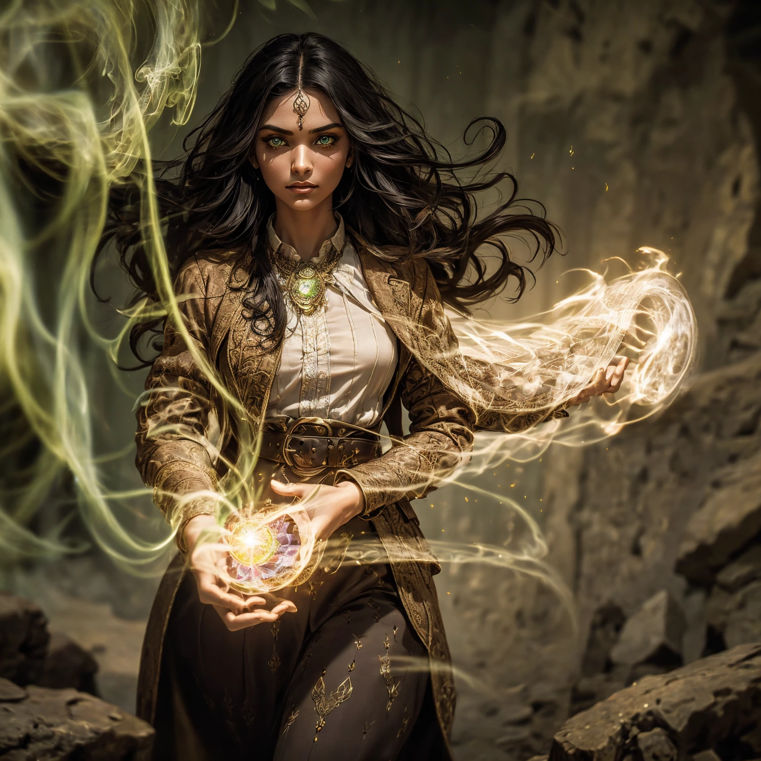 A stunning South-Indian woman, olive-skinned woman, Indian beauty, with bright green eyes, standing in swirling black smoke, with dark brown-black long wavy hair, mesmerizing features with a scary expression, finely detailed eyes, angry mood masterpiece, top quality, best quality, official art, beautiful and aesthetic:1.2), (1girl), extreme detailed,(fractal art:1.3), colorful, highest detailed, (masterpiece, best quality:1.3) professional digital painting, Unreal Engine 5. Wearing a black-buttoned-up military-trench coat. Scary void dripping from body and face black magic swirling around. Black smoke swirled around her. Purple-tinted background. In a 1920 setting, at a farm, wearing 1930 style clothing, , masterpiece, top quality, best quality, official art, beautiful and aesthetic:1.2), (1girl), extreme detailed,(fractal art:1.3), pink, purple, highest detailed, (masterpiece, best quality:1.3) 1 green-eyed woman, professional digital painting, Unreal Engine 5. Wearing linen blouse, Wearing long skirt, Long hair, hopeful expression, finely detailed eyes, smiling, epic scene, epic composition, Cinematic Lighting, Volumetric Lighting, ethereal light, intricate details, extremely detailed volumetric rays. Green Eyes. [Beautiful girl, linen shirt and pants, oil painting, Detailed facial features, Sunlight, bright colors, dramatic lighting, expressive eyes and lips, High Resolution]
