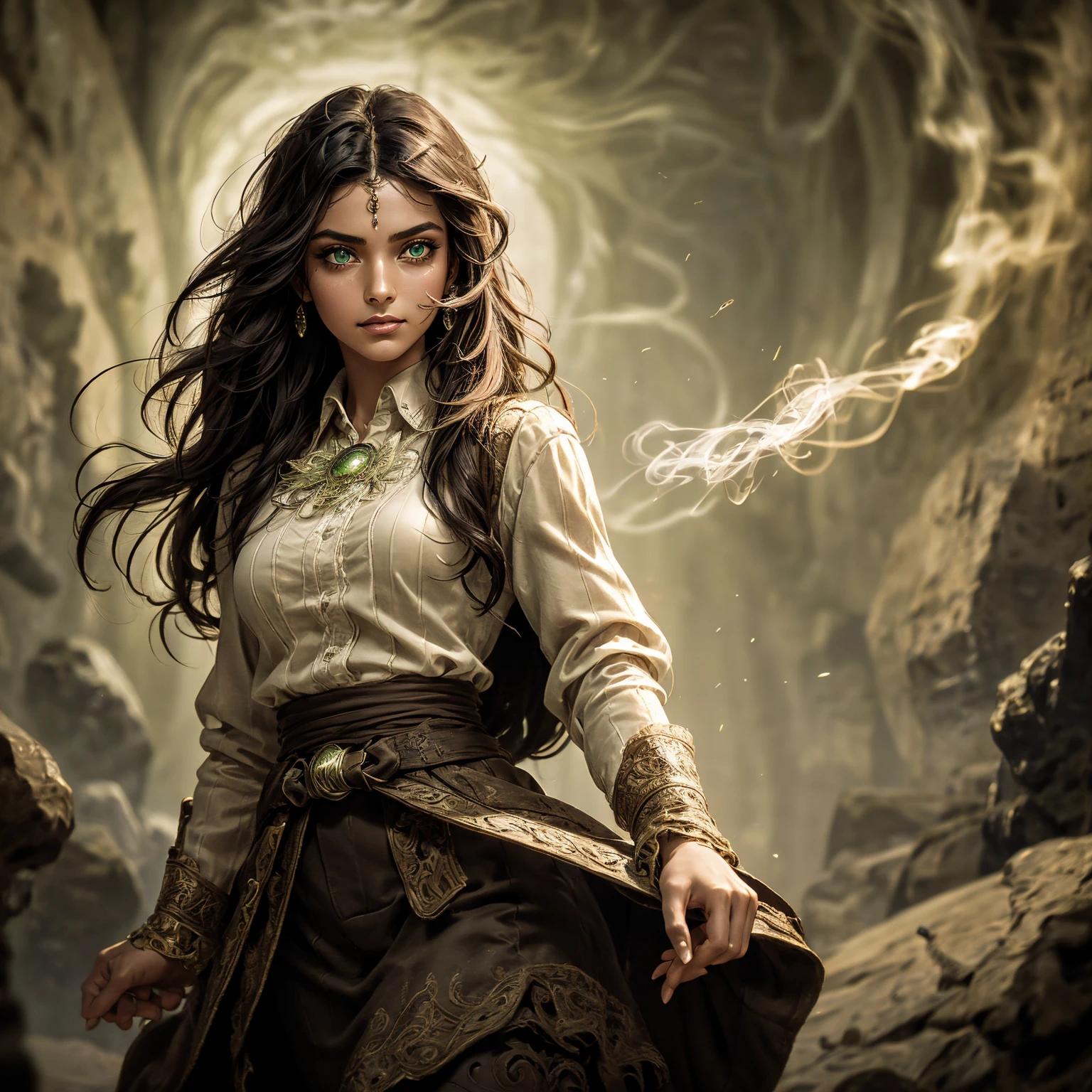 A stunning South-Indian woman, olive-skinned woman, Indian beauty, with bright green eyes, standing in swirling black smoke, with dark brown-black long wavy hair, mesmerizing features with a scary expression, finely detailed eyes, angry mood masterpiece, top quality, best quality, official art, beautiful and aesthetic:1.2), (1girl), extreme detailed,(fractal art:1.3), colorful, highest detailed, (masterpiece, best quality:1.3) professional digital painting, Unreal Engine 5. Wearing a black-buttoned-up military-trench coat. Scary void dripping from body and face black magic swirling around. Black smoke swirled around her. Purple-tinted background. In a 1920 setting, at a farm, wearing 1930 style clothing, , masterpiece, top quality, best quality, official art, beautiful and aesthetic:1.2), (1girl), extreme detailed,(fractal art:1.3), pink, purple, highest detailed, (masterpiece, best quality:1.3) 1 green-eyed woman, professional digital painting, Unreal Engine 5. Wearing linen blouse, Wearing long skirt, Long hair, hopeful expression, finely detailed eyes, smiling, epic scene, epic composition, Cinematic Lighting, Volumetric Lighting, ethereal light, intricate details, extremely detailed volumetric rays. Green Eyes. [Beautiful girl, linen shirt and pants, oil painting, Detailed facial features, Sunlight, bright colors, dramatic lighting, expressive eyes and lips, High Resolution]
