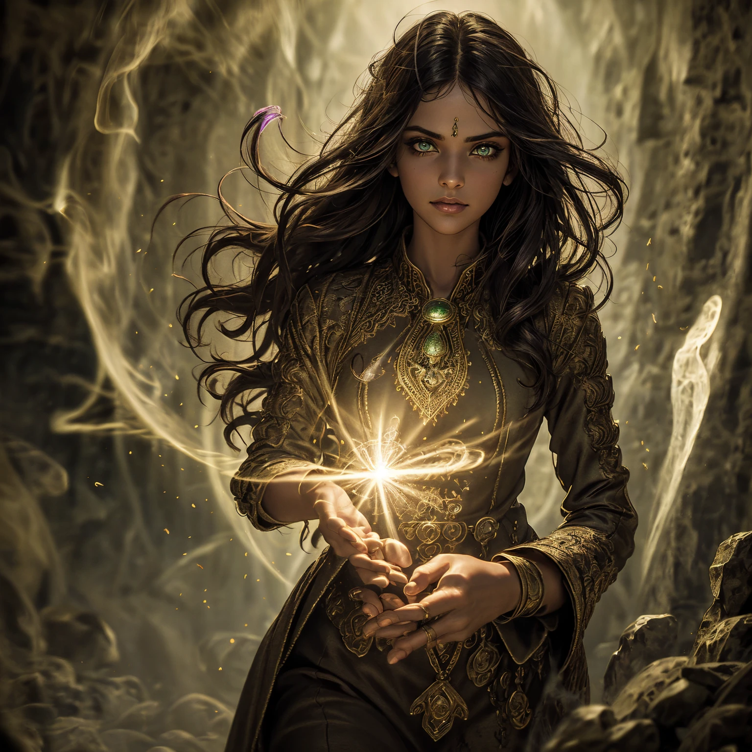 A stunning South-Indian woman, olive-skinned woman, Indian beauty, with bright green eyes, standing in swirling black smoke, with dark brown-black long wavy hair, mesmerizing features with a scary expression, finely detailed eyes, angry mood masterpiece, top quality, best quality, official art, beautiful and aesthetic:1.2), (1girl), extreme detailed,(fractal art:1.3), colorful, highest detailed, (masterpiece, best quality:1.3) professional digital painting, Unreal Engine 5. Wearing a black-buttoned-up military-trench coat. Scary void dripping from body and face black magic swirling around. Black smoke swirled around her. Purple-tinted background. In a 1920 setting, at a farm, wearing 1930 style clothing, , masterpiece, top quality, best quality, official art, beautiful and aesthetic:1.2), (1girl), extreme detailed,(fractal art:1.3), pink, purple, highest detailed, (masterpiece, best quality:1.3) 1 green-eyed woman, professional digital painting, Unreal Engine 5. Wearing linen blouse, Wearing long skirt, Long hair, hopeful expression, finely detailed eyes, smiling, epic scene, epic composition, Cinematic Lighting, Volumetric Lighting, ethereal light, intricate details, extremely detailed volumetric rays. Green Eyes. [Beautiful girl, linen shirt and pants, oil painting, Detailed facial features, Sunlight, bright colors, dramatic lighting, expressive eyes and lips, High Resolution]
