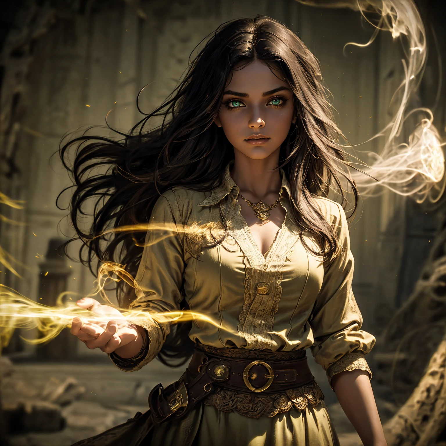 A stunning South-Indian woman, olive-skinned woman, Indian beauty, with bright green eyes, standing in swirling black smoke, with dark brown-black long wavy hair, mesmerizing features with a scary expression, finely detailed eyes, angry mood masterpiece, top quality, best quality, official art, beautiful and aesthetic:1.2), (1girl), extreme detailed,(fractal art:1.3), colorful, highest detailed, (masterpiece, best quality:1.3) professional digital painting, Unreal Engine 5. Wearing a black-buttoned-up military-trench coat. Scary void dripping from body and face black magic swirling around. Black smoke swirled around her. Purple-tinted background. In a 1920 setting, at a farm, wearing 1930 style clothing, , masterpiece, top quality, best quality, official art, beautiful and aesthetic:1.2), (1girl), extreme detailed,(fractal art:1.3), pink, purple, highest detailed, (masterpiece, best quality:1.3) 1 green-eyed woman, professional digital painting, Unreal Engine 5. Wearing linen blouse, Wearing long skirt, Long hair, hopeful expression, finely detailed eyes, smiling, epic scene, epic composition, Cinematic Lighting, Volumetric Lighting, ethereal light, intricate details, extremely detailed volumetric rays. Green Eyes. [Beautiful girl, linen shirt and pants, oil painting, Detailed facial features, Sunlight, bright colors, dramatic lighting, expressive eyes and lips, High Resolution]
