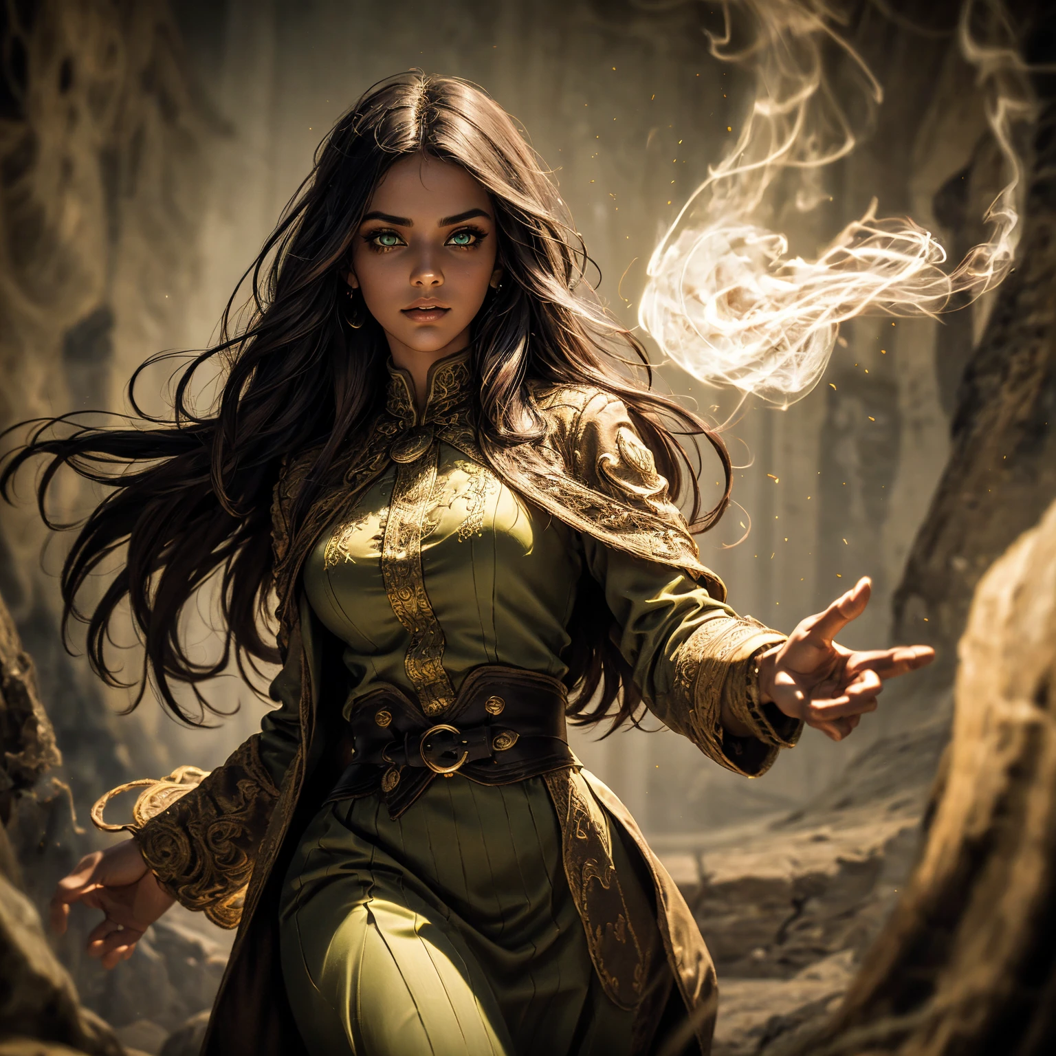 A stunning South-Indian woman, olive-skinned woman, Indian beauty, with bright green eyes, standing in swirling black smoke, with dark brown-black long wavy hair, mesmerizing features with a scary expression, finely detailed eyes, angry mood masterpiece, top quality, best quality, official art, beautiful and aesthetic:1.2), (1girl), extreme detailed,(fractal art:1.3), colorful, highest detailed, (masterpiece, best quality:1.3) professional digital painting, Unreal Engine 5. Wearing a black-buttoned-up military-trench coat. Scary void dripping from body and face black magic swirling around. Black smoke swirled around her. Purple-tinted background. In a 1920 setting, at a farm, wearing 1930 style clothing, , masterpiece, top quality, best quality, official art, beautiful and aesthetic:1.2), (1girl), extreme detailed,(fractal art:1.3), pink, purple, highest detailed, (masterpiece, best quality:1.3) 1 green-eyed woman, professional digital painting, Unreal Engine 5. Wearing linen blouse, Wearing long skirt, Long hair, hopeful expression, finely detailed eyes, smiling, epic scene, epic composition, Cinematic Lighting, Volumetric Lighting, ethereal light, intricate details, extremely detailed volumetric rays. Green Eyes. [Beautiful girl, linen shirt and pants, oil painting, Detailed facial features, Sunlight, bright colors, dramatic lighting, expressive eyes and lips, High Resolution]
