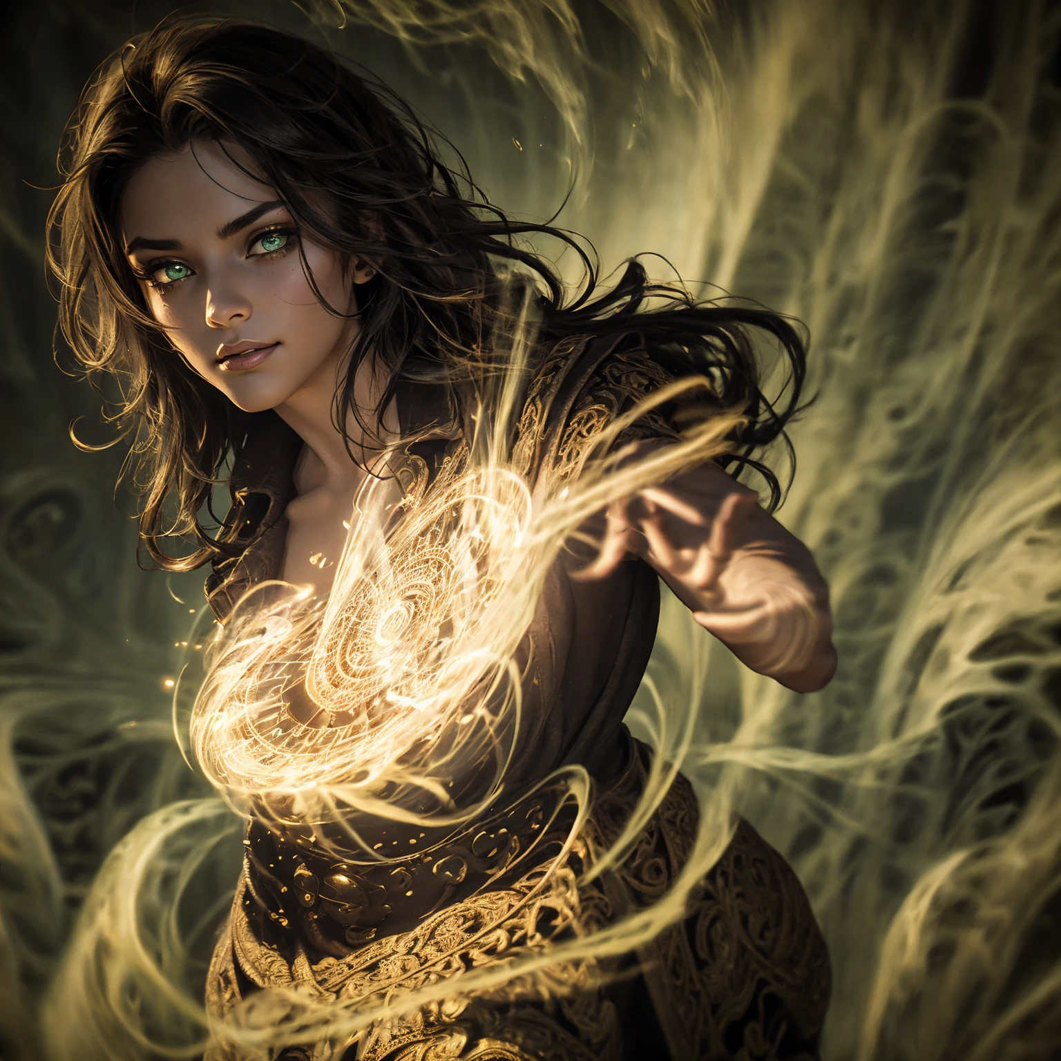 A stunning South-Indian woman, olive-skinned woman, Indian beauty, with bright green eyes, standing in swirling black smoke, with dark brown-black long wavy hair, mesmerizing features with a scary expression, finely detailed eyes, angry mood masterpiece, top quality, best quality, official art, beautiful and aesthetic:1.2), (1girl), extreme detailed,(fractal art:1.3), colorful, highest detailed, (masterpiece, best quality:1.3) professional digital painting, Unreal Engine 5. Wearing a black-buttoned-up military-trench coat. Scary void dripping from body and face black magic swirling around. Black smoke swirled around her. Purple-tinted background. In a 1920 setting, at a farm, wearing 1930 style clothing, , masterpiece, top quality, best quality, official art, beautiful and aesthetic:1.2), (1girl), extreme detailed,(fractal art:1.3), pink, purple, highest detailed, (masterpiece, best quality:1.3) 1 green-eyed woman, professional digital painting, Unreal Engine 5. Wearing linen blouse, Wearing long skirt, Long hair, hopeful expression, finely detailed eyes, smiling, epic scene, epic composition, Cinematic Lighting, Volumetric Lighting, ethereal light, intricate details, extremely detailed volumetric rays. Green Eyes. [Beautiful girl, linen shirt and pants, oil painting, Detailed facial features, Sunlight, bright colors, dramatic lighting, expressive eyes and lips, High Resolution]
