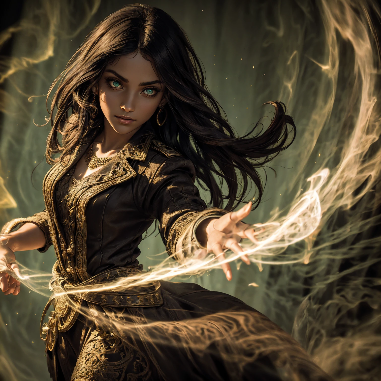 A stunning South-Indian woman, olive-skinned woman, Indian beauty, with bright green eyes, standing in swirling black smoke, with dark brown-black long wavy hair, mesmerizing features with a scary expression, finely detailed eyes, angry mood masterpiece, top quality, best quality, official art, beautiful and aesthetic:1.2), (1girl), extreme detailed,(fractal art:1.3), colorful, highest detailed, (masterpiece, best quality:1.3) professional digital painting, Unreal Engine 5. Wearing a black-buttoned-up military-trench coat. Scary void dripping from body and face black magic swirling around. Black smoke swirled around her. Purple-tinted background. In a 1920 setting, at a farm, wearing 1930 style clothing, , masterpiece, top quality, best quality, official art, beautiful and aesthetic:1.2), (1girl), extreme detailed,(fractal art:1.3), pink, purple, highest detailed, (masterpiece, best quality:1.3) 1 green-eyed woman, professional digital painting, Unreal Engine 5. Wearing linen blouse, Wearing long skirt, Long hair, hopeful expression, finely detailed eyes, smiling, epic scene, epic composition, Cinematic Lighting, Volumetric Lighting, ethereal light, intricate details, extremely detailed volumetric rays. Green Eyes. [Beautiful girl, linen shirt and pants, oil painting, Detailed facial features, Sunlight, bright colors, dramatic lighting, expressive eyes and lips, High Resolution]
