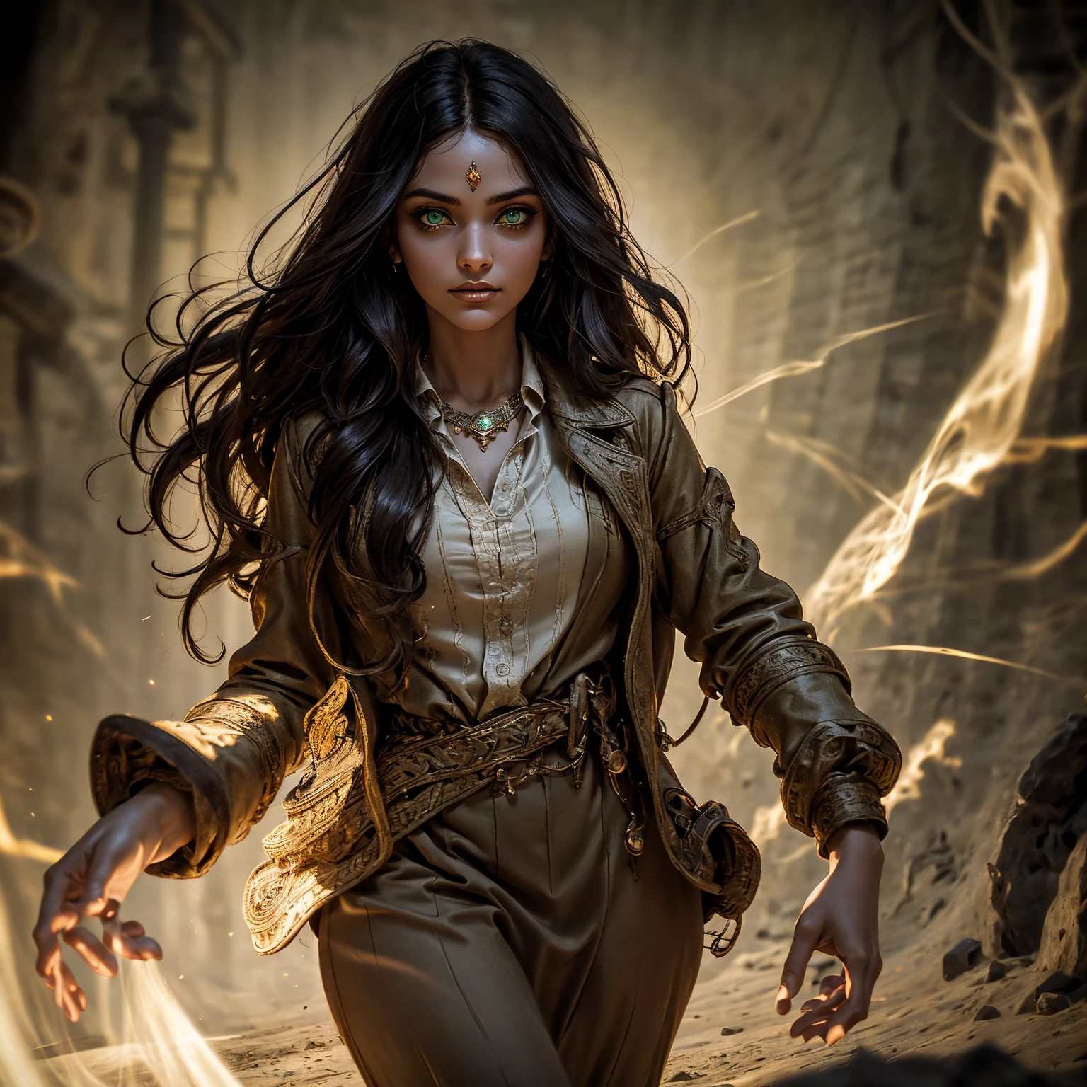 A stunning South-Indian woman, olive-skinned woman, Indian beauty, with bright green eyes, standing in swirling black smoke, with dark brown-black long wavy hair, mesmerizing features with a scary expression, finely detailed eyes, angry mood masterpiece, top quality, best quality, official art, beautiful and aesthetic:1.2), (1girl), extreme detailed,(fractal art:1.3), colorful, highest detailed, (masterpiece, best quality:1.3) professional digital painting, Unreal Engine 5. Wearing a black-buttoned-up military-trench coat. Scary void dripping from body and face black magic swirling around. Black smoke swirled around her. Purple-tinted background. In a 1920 setting, at a farm, wearing 1930 style clothing, , masterpiece, top quality, best quality, official art, beautiful and aesthetic:1.2), (1girl), extreme detailed,(fractal art:1.3), pink, purple, highest detailed, (masterpiece, best quality:1.3) 1 green-eyed woman, professional digital painting, Unreal Engine 5. Wearing linen blouse, Wearing long skirt, Long hair, hopeful expression, finely detailed eyes, smiling, epic scene, epic composition, Cinematic Lighting, Volumetric Lighting, ethereal light, intricate details, extremely detailed volumetric rays. Green Eyes. [Beautiful girl, linen shirt and pants, oil painting, Detailed facial features, Sunlight, bright colors, dramatic lighting, expressive eyes and lips, High Resolution]
