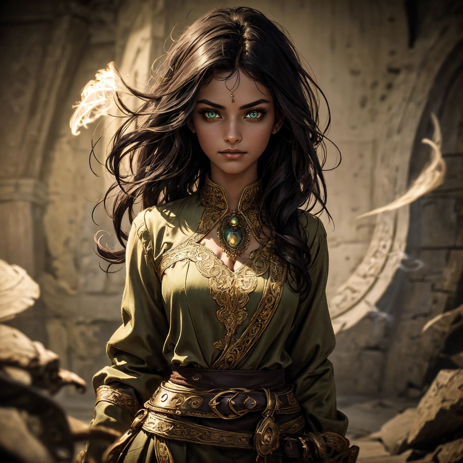 A stunning South-Indian woman, olive-skinned woman, Indian beauty, with bright green eyes, standing in swirling black smoke, with dark brown-black long wavy hair, mesmerizing features with a scary expression, finely detailed eyes, angry mood masterpiece, top quality, best quality, official art, beautiful and aesthetic:1.2), (1girl), extreme detailed,(fractal art:1.3), colorful, highest detailed, (masterpiece, best quality:1.3) professional digital painting, Unreal Engine 5. Wearing a black-buttoned-up military-trench coat. Scary void dripping from body and face black magic swirling around. Black smoke swirled around her. Purple-tinted background. In a 1920 setting, at a farm, wearing 1930 style clothing, , masterpiece, top quality, best quality, official art, beautiful and aesthetic:1.2), (1girl), extreme detailed,(fractal art:1.3), pink, purple, highest detailed, (masterpiece, best quality:1.3) 1 green-eyed woman, professional digital painting, Unreal Engine 5. Wearing linen blouse, Wearing long skirt, Long hair, hopeful expression, finely detailed eyes, smiling, epic scene, epic composition, Cinematic Lighting, Volumetric Lighting, ethereal light, intricate details, extremely detailed volumetric rays. Green Eyes. [Beautiful girl, linen shirt and pants, oil painting, Detailed facial features, Sunlight, bright colors, dramatic lighting, expressive eyes and lips, High Resolution]
