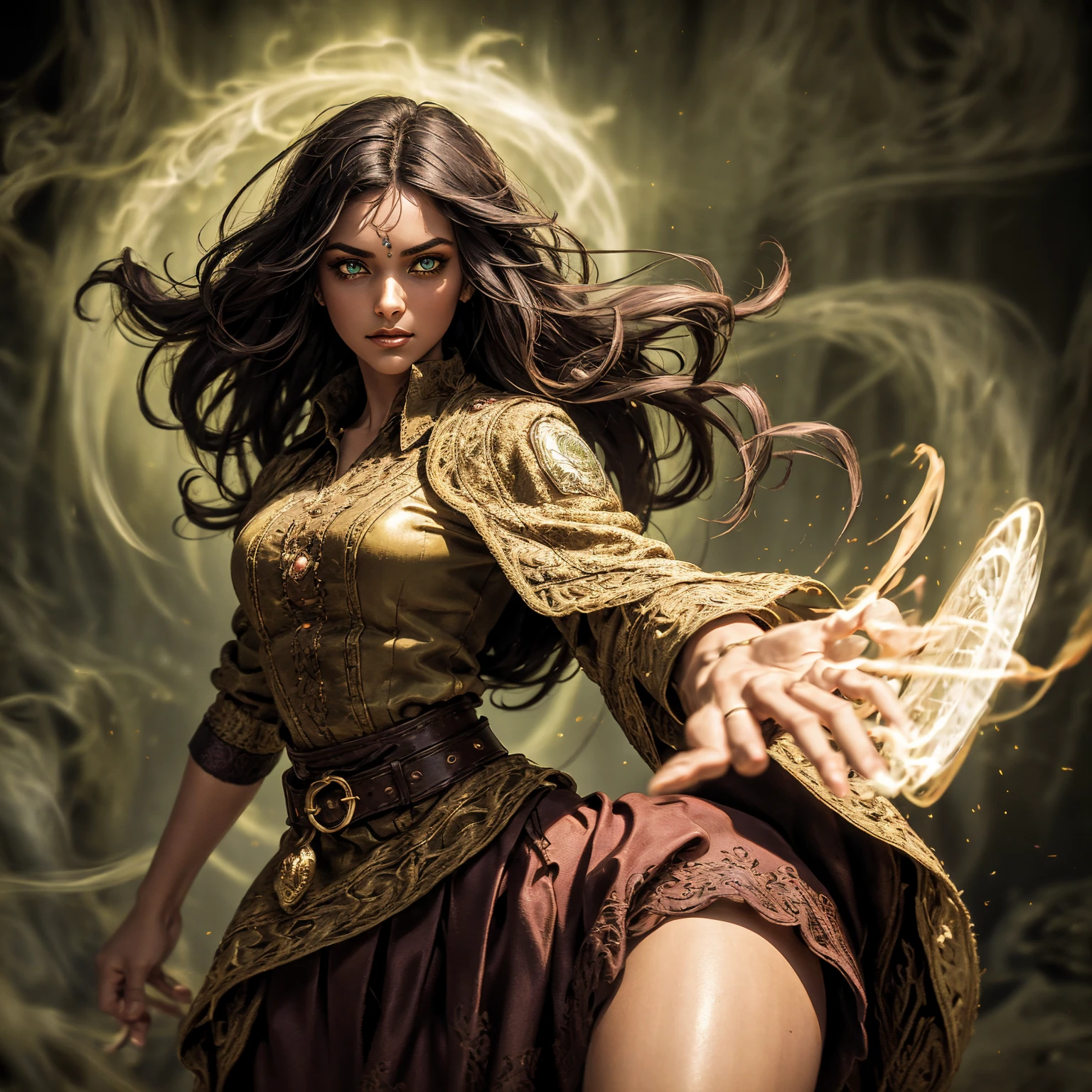 A stunning South-Indian woman, olive-skinned woman, Indian beauty, with bright green eyes, standing in swirling black smoke, with dark brown-black long wavy hair, mesmerizing features with a scary expression, finely detailed eyes, angry mood masterpiece, top quality, best quality, official art, beautiful and aesthetic:1.2), (1girl), extreme detailed,(fractal art:1.3), colorful, highest detailed, (masterpiece, best quality:1.3) professional digital painting, Unreal Engine 5. Wearing a black-buttoned-up military-trench coat. Scary void dripping from body and face black magic swirling around. Black smoke swirled around her. Purple-tinted background. In a 1920 setting, at a farm, wearing 1930 style clothing, , masterpiece, top quality, best quality, official art, beautiful and aesthetic:1.2), (1girl), extreme detailed,(fractal art:1.3), pink, purple, highest detailed, (masterpiece, best quality:1.3) 1 green-eyed woman, professional digital painting, Unreal Engine 5. Wearing linen blouse, Wearing long skirt, Long hair, hopeful expression, finely detailed eyes, smiling, epic scene, epic composition, Cinematic Lighting, Volumetric Lighting, ethereal light, intricate details, extremely detailed volumetric rays. Green Eyes. [Beautiful girl, linen shirt and pants, oil painting, Detailed facial features, Sunlight, bright colors, dramatic lighting, expressive eyes and lips, High Resolution]
