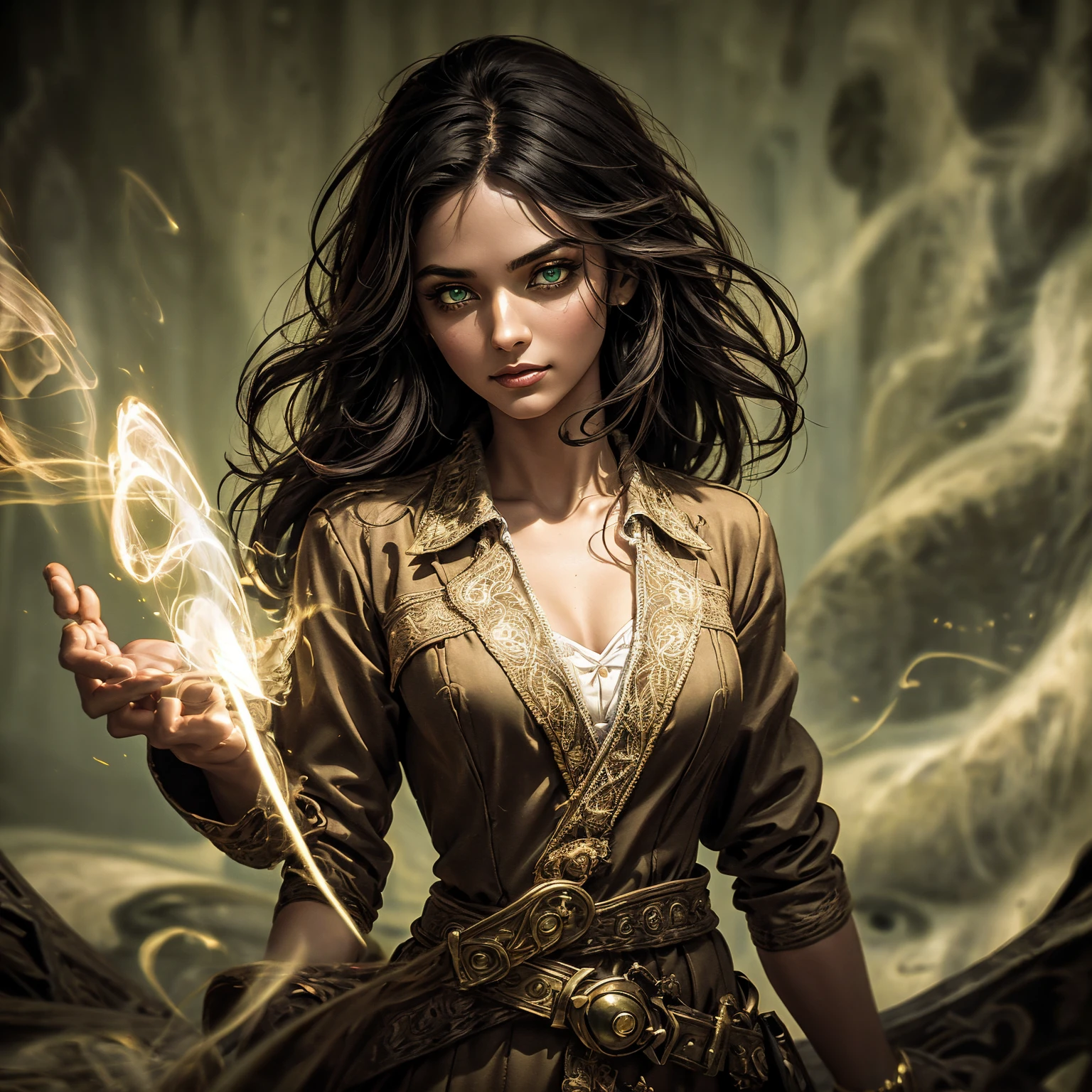 A stunning South-Indian woman, olive-skinned woman, Indian beauty, with bright green eyes, standing in swirling black smoke, with dark brown-black long wavy hair, mesmerizing features with a scary expression, finely detailed eyes, angry mood masterpiece, top quality, best quality, official art, beautiful and aesthetic:1.2), (1girl), extreme detailed,(fractal art:1.3), colorful, highest detailed, (masterpiece, best quality:1.3) professional digital painting, Unreal Engine 5. Wearing a black-buttoned-up military-trench coat. Scary void dripping from body and face black magic swirling around. Black smoke swirled around her. Purple-tinted background. In a 1920 setting, at a farm, wearing 1930 style clothing, , masterpiece, top quality, best quality, official art, beautiful and aesthetic:1.2), (1girl), extreme detailed,(fractal art:1.3), pink, purple, highest detailed, (masterpiece, best quality:1.3) 1 green-eyed woman, professional digital painting, Unreal Engine 5. Wearing linen blouse, Wearing long skirt, Long hair, hopeful expression, finely detailed eyes, smiling, epic scene, epic composition, Cinematic Lighting, Volumetric Lighting, ethereal light, intricate details, extremely detailed volumetric rays. Green Eyes. [Beautiful girl, linen shirt and pants, oil painting, Detailed facial features, Sunlight, bright colors, dramatic lighting, expressive eyes and lips, High Resolution]

