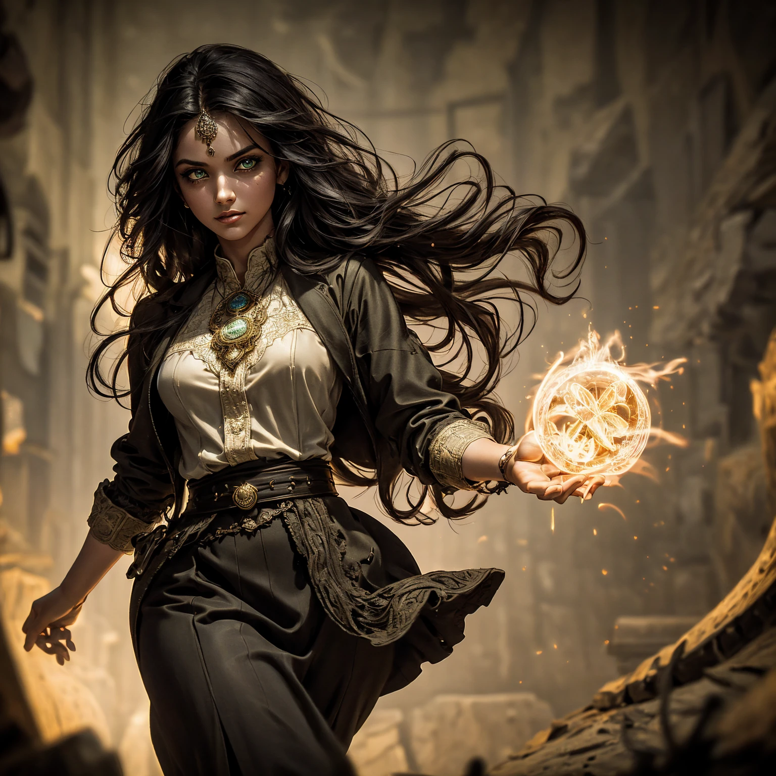 A stunning South-Indian woman, olive-skinned woman, Indian beauty, with bright green eyes, standing in swirling black smoke, with dark brown-black long wavy hair, mesmerizing features with a scary expression, finely detailed eyes, angry mood masterpiece, top quality, best quality, official art, beautiful and aesthetic:1.2), (1girl), extreme detailed,(fractal art:1.3), colorful, highest detailed, (masterpiece, best quality:1.3) professional digital painting, Unreal Engine 5. Wearing a black-buttoned-up military-trench coat. Scary void dripping from body and face black magic swirling around. Black smoke swirled around her. Purple-tinted background. In a 1920 setting, at a farm, wearing 1930 style clothing, , masterpiece, top quality, best quality, official art, beautiful and aesthetic:1.2), (1girl), extreme detailed,(fractal art:1.3), pink, purple, highest detailed, (masterpiece, best quality:1.3) 1 green-eyed woman, professional digital painting, Unreal Engine 5. Wearing linen blouse, Wearing long skirt, Long hair, hopeful expression, finely detailed eyes, smiling, epic scene, epic composition, Cinematic Lighting, Volumetric Lighting, ethereal light, intricate details, extremely detailed volumetric rays. Green Eyes. [Beautiful girl, linen shirt and pants, oil painting, Detailed facial features, Sunlight, bright colors, dramatic lighting, expressive eyes and lips, High Resolution]
