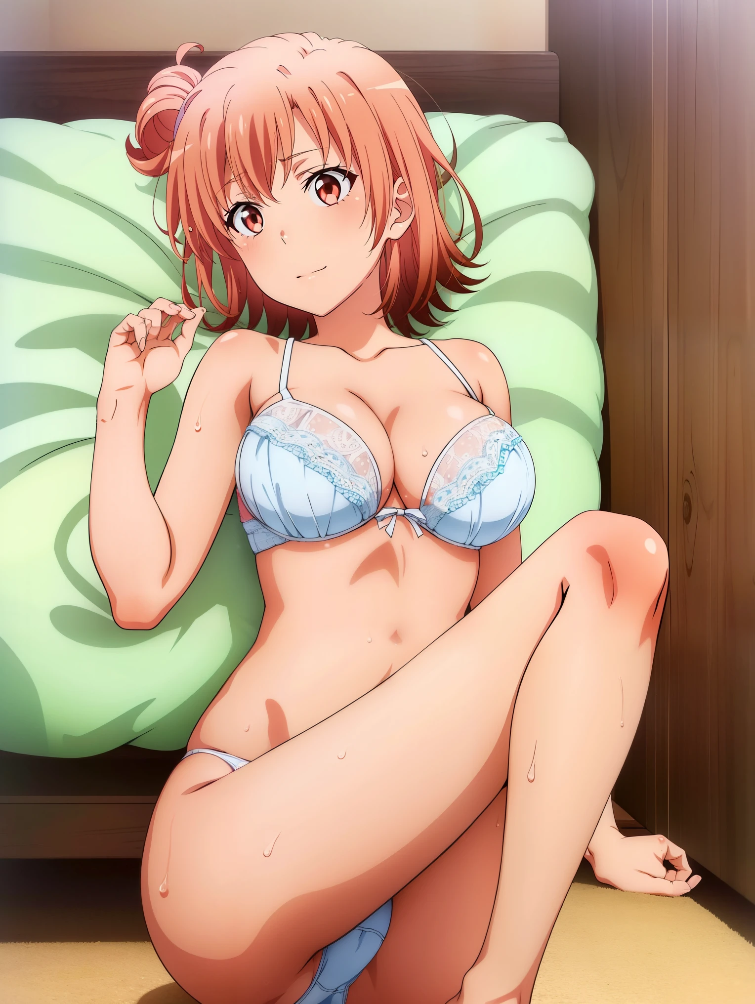 1 girl,(bed),(Yuigahama Yui),,,(sleep),Sweat,(embarrassed face),feet,calf,feet首,(feetの指)( :1.0),(white bra),((My panties get wet with my love juices)),( kissing:1.0),(),(touch :1.0),(White ruffled panties),