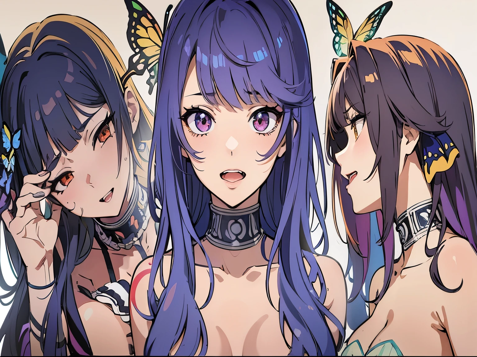 Three anime girls with butterfly hair and butterfly ears, Ahegao, everyone, Sex anime style, died, Ahegao face, Sex, Kushart Krenz Key Art Feminine, From the Azur Lane video game, Azur Lane characters, detailed digital anime art, digital anime illustration, High-definition official artwork, biomechanics 