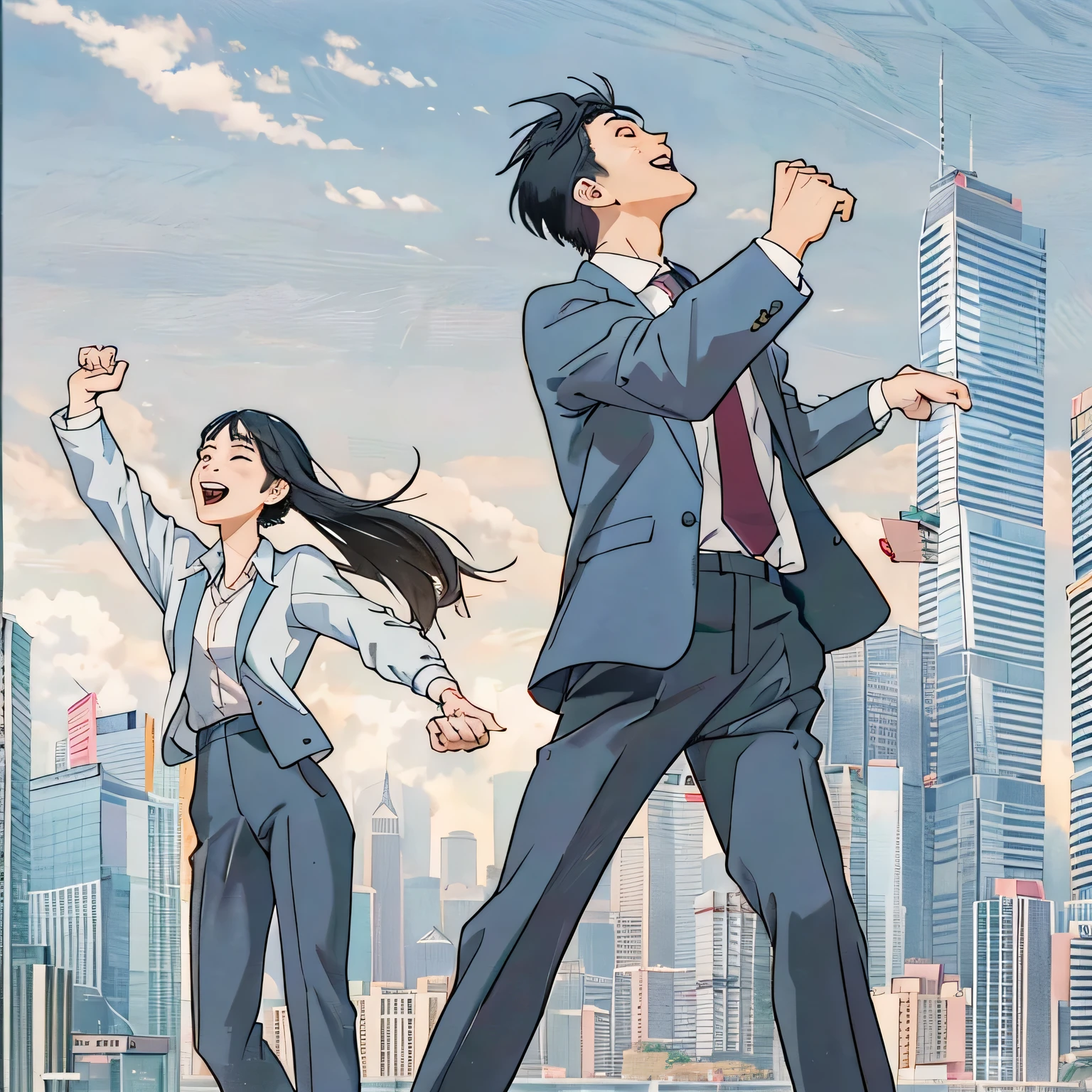 25 year old Asian male character, 20 year old Asian female character wearing suit, stand together, Look at the sky, cute smile, Energetic, clenched fist gesture, common goal, Character proportion 40%, whole body, Successful people, Business Casual, Hong Kong financial center background, running