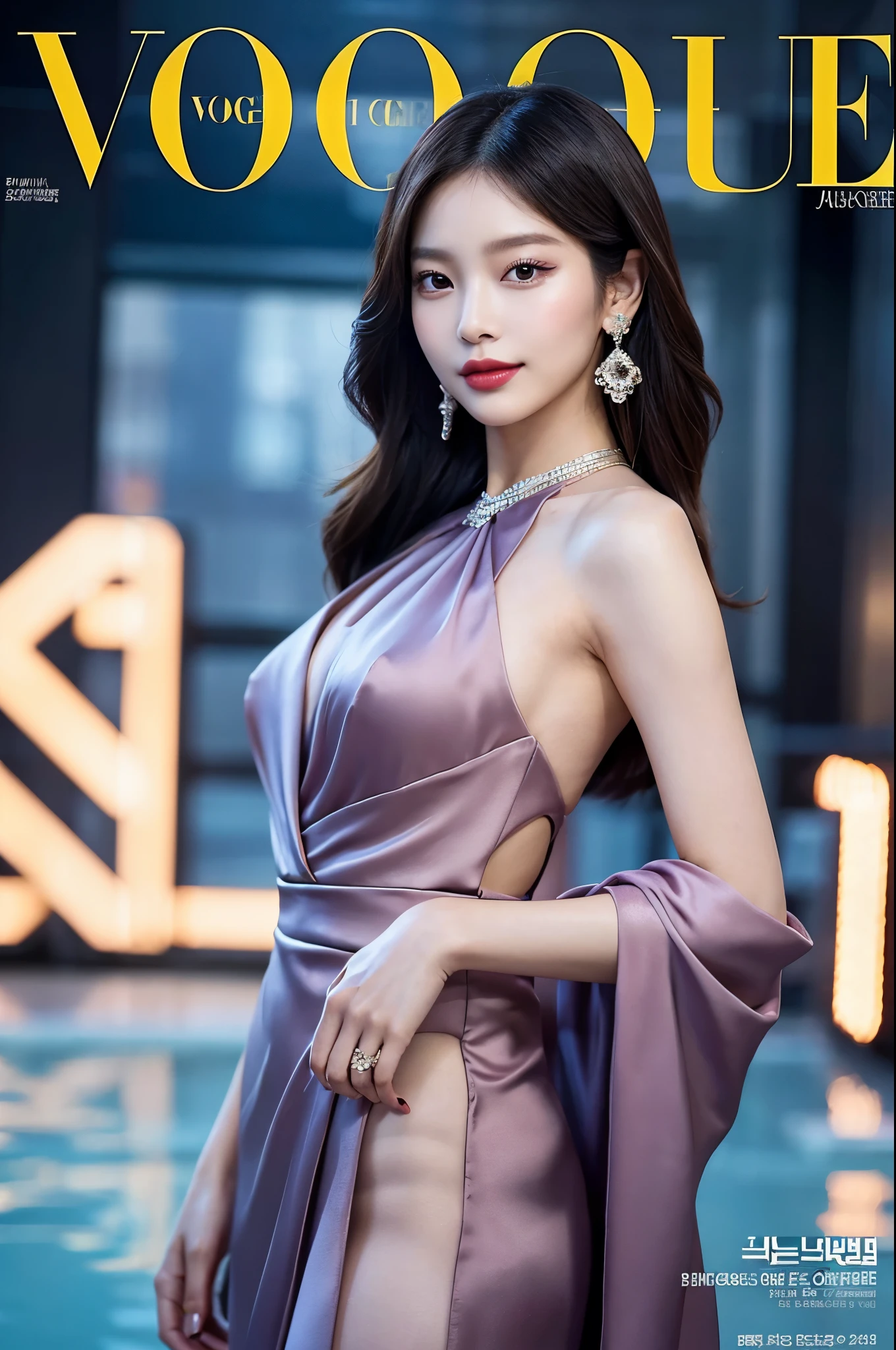A woman, standing in the full glory of the Vogue journal cover, gracefully represents the popular K-pop style. Dressed in high fashion outfits, her body style exudes confidence and elegance. The Vogue magazine cover illuminates her beauty, employing the signature Vogue photo style. With the trendsetting popular Korean makeup adorning her face, reminiscent of Blackpink's Jennie, she embodies the Vogue cover style, effortlessly blending charm and sophistication. Draped in the aura of a high fashion journal's allure, her stunning figure and captivating smile beckon the audience, making this a true masterpiece. Image: A top-