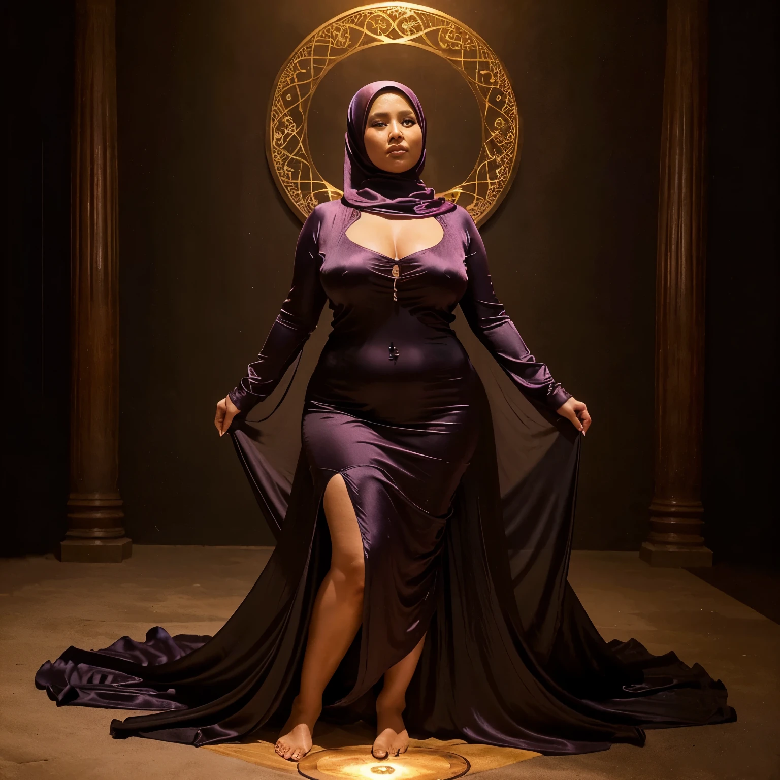 A (mature (age 40) curvaceous Malaysian woman, hijab no hair showing, silk magic gown), is a witch summoning a mythical monster into a magic circle