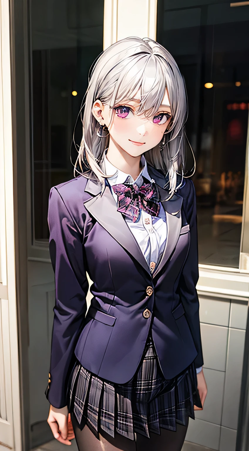 (masterpiece:1.2, highest quality), (realistic pictures:1.4), beautiful illustrations, (natural side lighting, movie lighting),
looking at the viewer, 1 girl, Japanese, high school girl, perfect face, Cute symmetrical face, shiny skin, baby face, (middle hair, straight hair, dark pink headband, silver hair), hair between eyes, The chest of an idol with deep purple eyes, seductive thighs, big ass), earrings, beautiful hair, beautiful face, fine and beautiful eyes, beautiful clavicle, beautiful body, beautiful breasts, beautiful thighs, beautiful feet, beautiful fingers, (((dark purple blazer, Clothes nearby), white collared shirt, black plaid pleated mini skirt, dark red flat bow tie), black pantyhose), (beautiful scenery), evening, (Shopping mall), walk, (cute smile, upper grade)