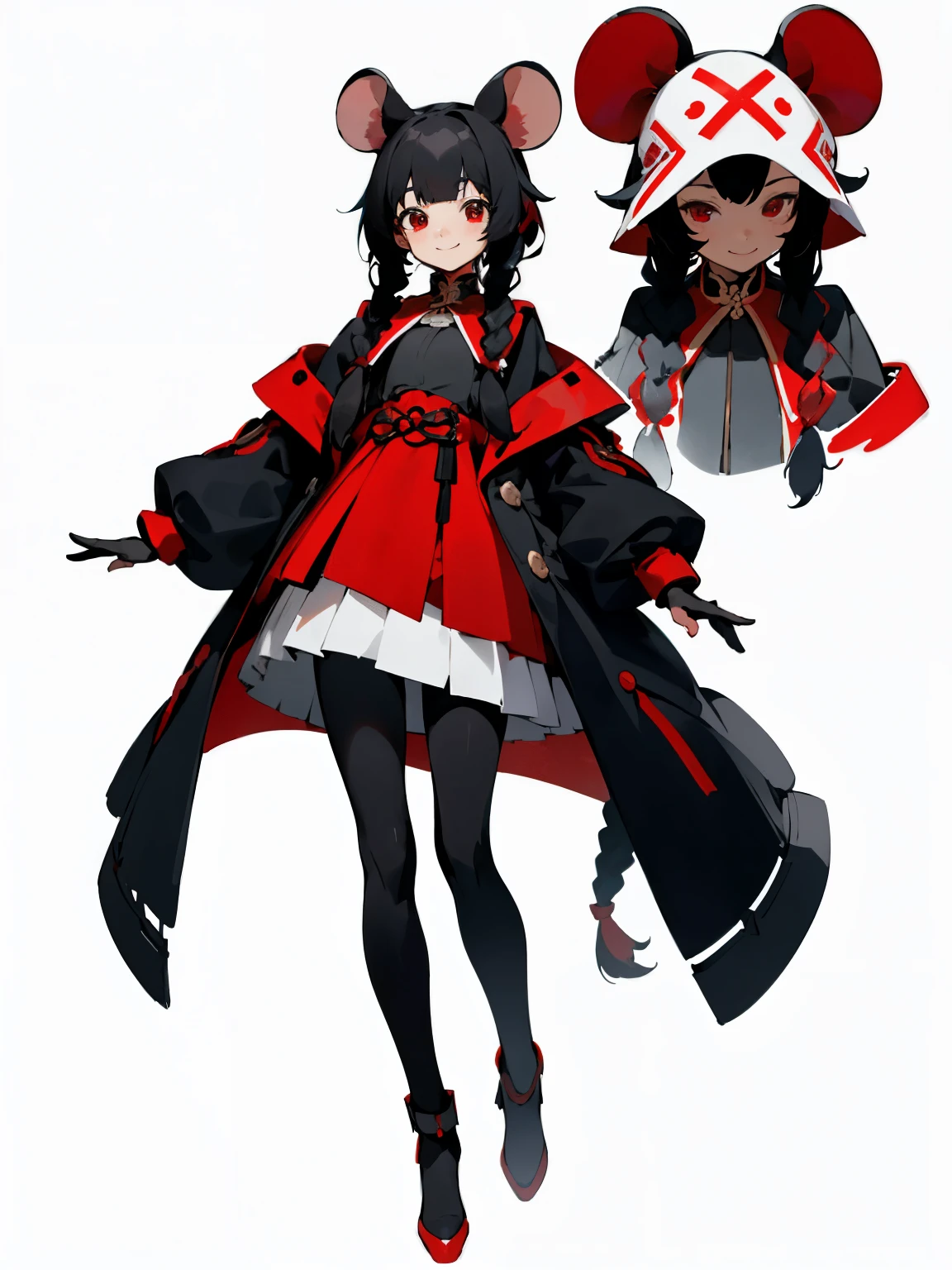 (master piece,best quality)Multiple views of the same character wearing the same outfit, Mie scenery,whole body proportions,white background, character concept,black hair girl,full of details, mouse girl, long braid, front、smile、真front、red and black long coat、Single braid、口の開いたsmile、front
