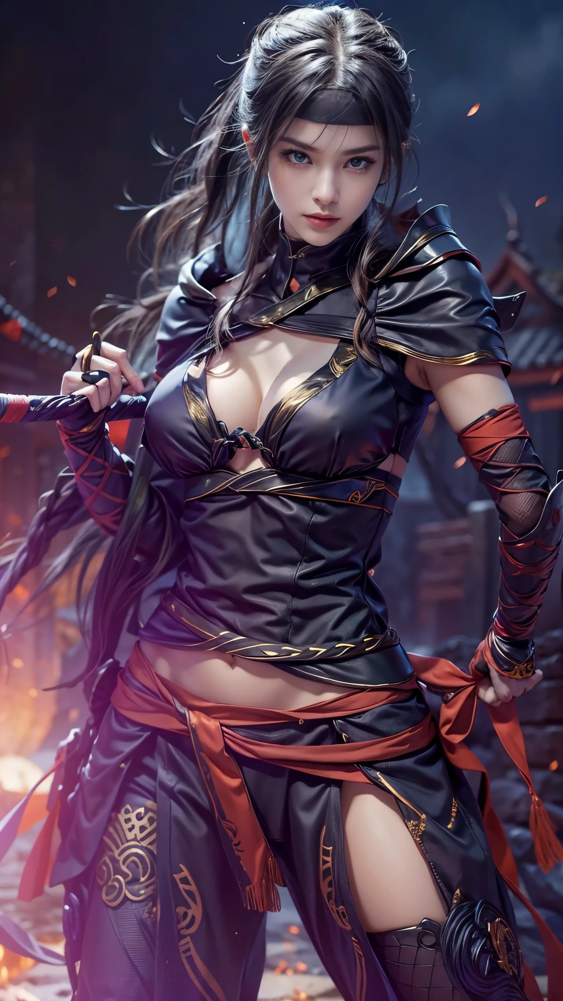 (RAW shooting, Photoreal:1.5, 8k, highest quality, masterpiece, ultra high resolution), perfect dynamic composition:1.2, midnight, Fight:1.2, Sengoku, fire事, いたるところで燃え上がる戦fire:1.3, Highly detailed skin and facial textures:1.2, Slim female ninja with a sharp dagger:1.3, beautiful and aesthetic:1.2, sexy beauty, perfect style, Revenge, Strong-willed, belief, wear elaborate rings, fire, water, Wind, thunder, ice, Fair skin, very beautiful face, (Medium chest, Chest gap), (embarrassing smile, The expression on your face when you feel intense caress, Facial expression when feeling pleasure), (wearing a sexy ninja costume:1.2, off shoulder:1.1), (beautiful blue eyes, Eyes that feel beautiful eros:0.8), (Too erotic:0.9, Bewitching:0.9), full body shot, perfect limbs, perfect fingers