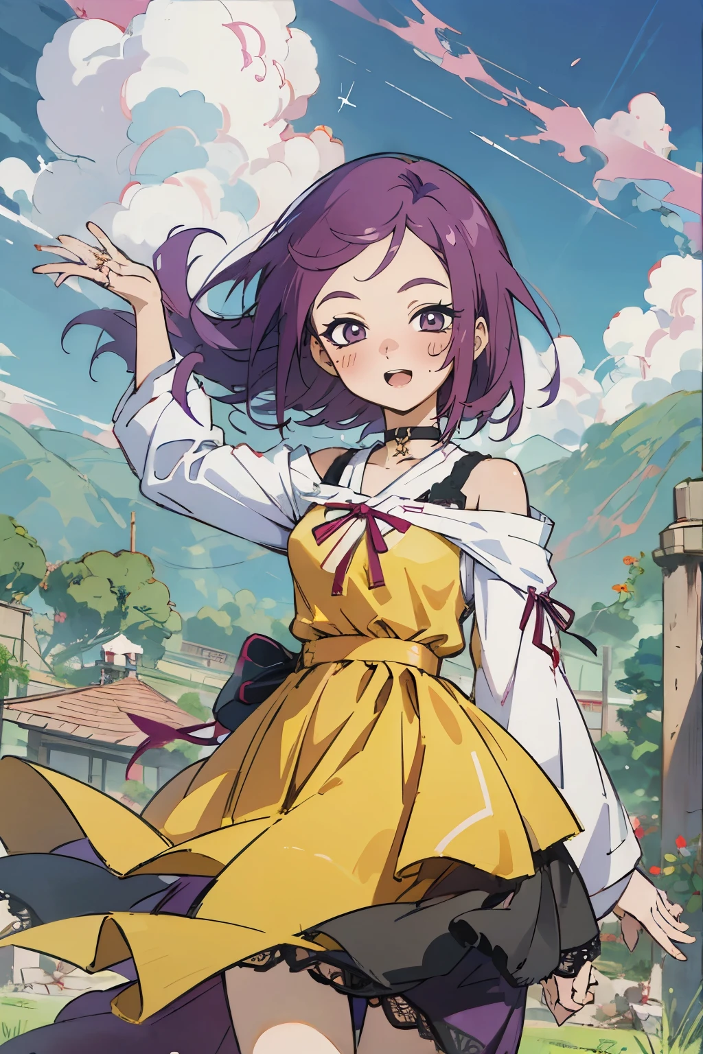 Kisho, jigokuraku, 1 girl, reddish Purple hair, Purple eyes, showa town, Ruins, Bang, Beautiful sky, shining sky, Sunshine, Smiling, Waving, Black Belts, black choker, Dresses that blow the wind, black Lace dress, wool sweaters, Off-shoulder sleeves