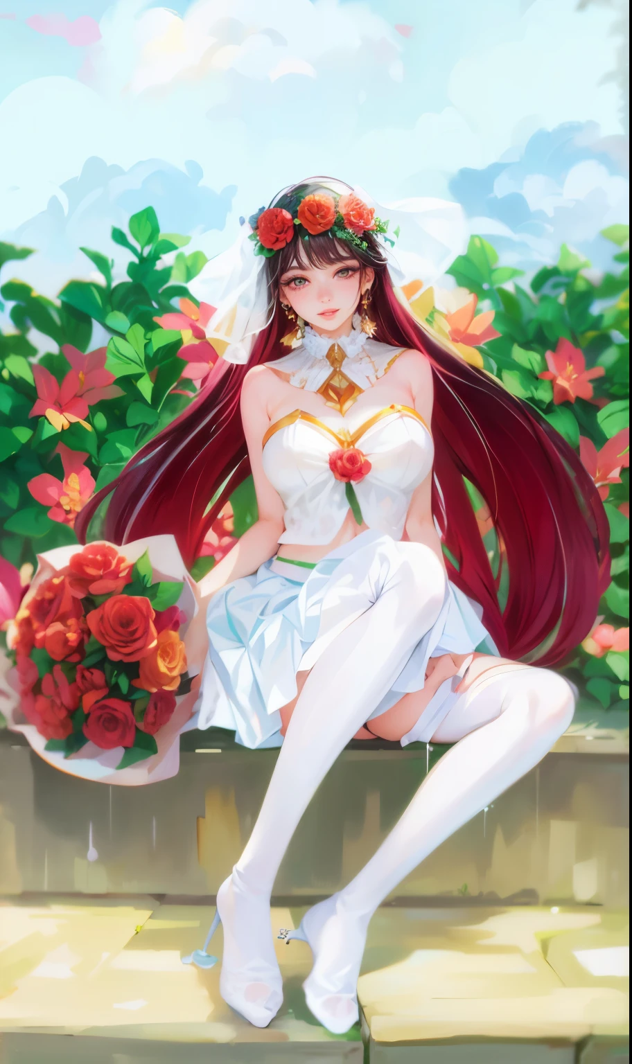 (8k, RAW photo, photorealistic:1.25) ,( lipgloss, eyelashes, glosace, glossy skin, best quality, ultra highres, depth of field, chromatic aberration, caustics, Broad lighting, natural shading,Kpop idol) looking at viewer with a serene and goddess-like happiness,yellow eyerealistic, 1girl, glowing eyes, crop top, skirt, parted lips, blush, flowers, sun, sunlight