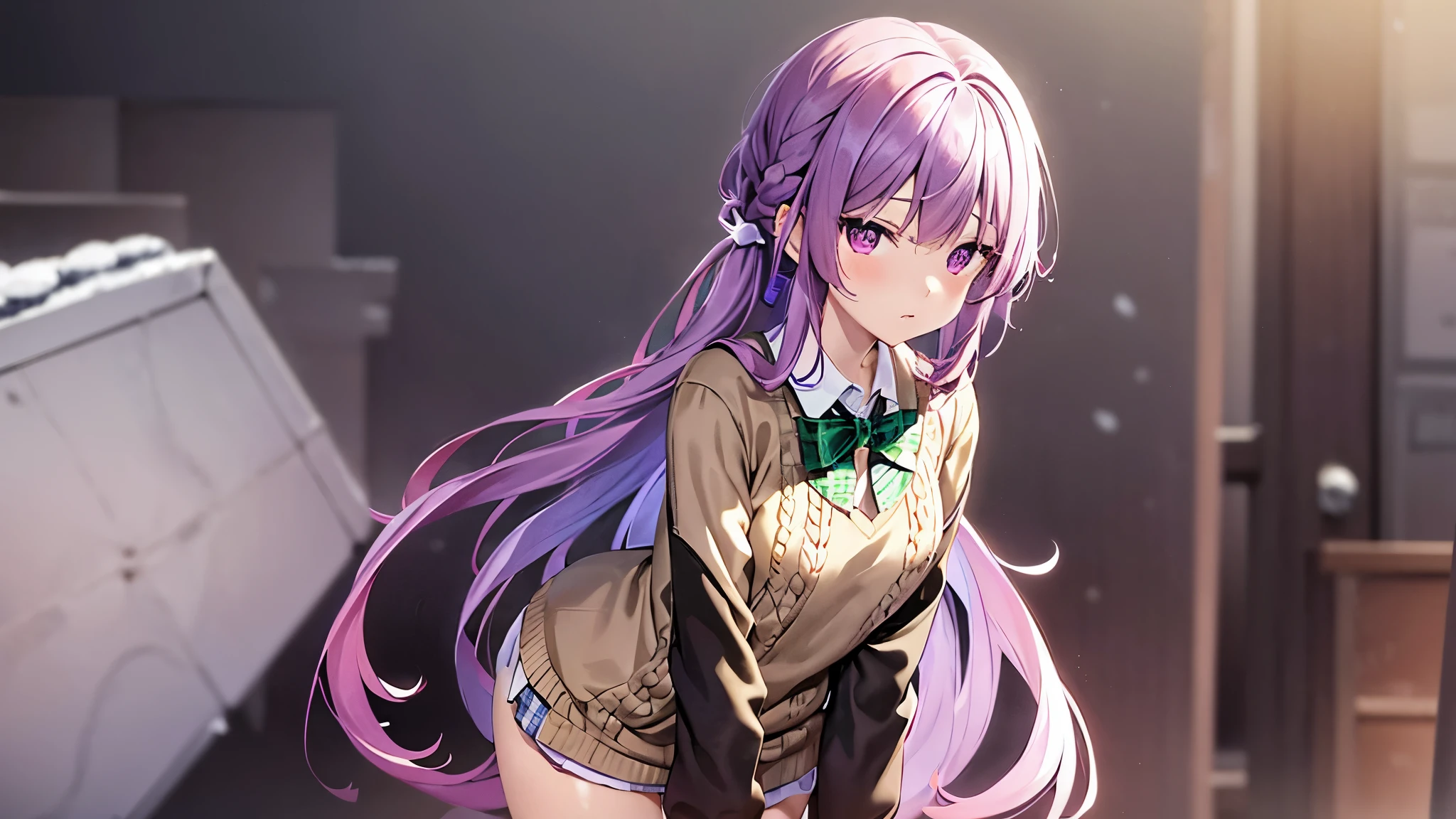 purple hair girl, shyุ 7 ปี, fit, Pale pink eyes, long hair,Green braid tied in bows left and right...........small breasts, Wear a brown sweater......., Wear a black miniskirt........ From America...,(shy).....The background is snowy.... 4K Photos