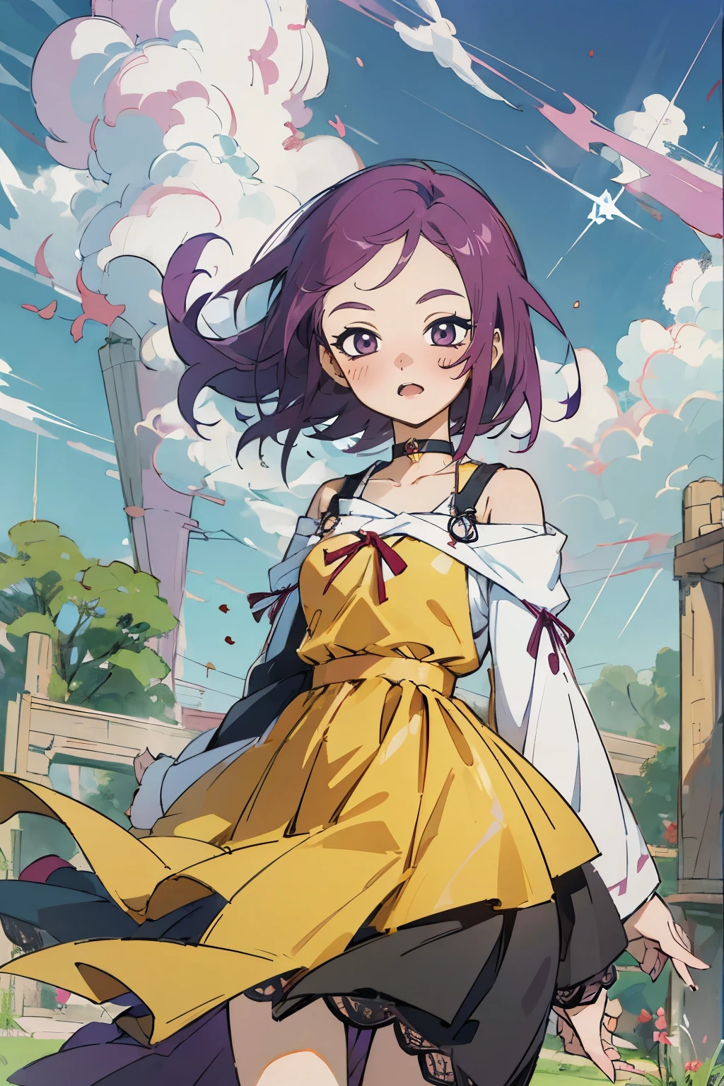 Kisho, jigokuraku, 1 girl, reddish Purple hair, Purple eyes, showa town, Ruins, Bang, Beautiful sky, shining sky, Sunshine, Smiling, Waving, Black Belts, black choker, Dresses that blow the wind, black Lace dress, wool sweaters, Off-shoulder sleeves