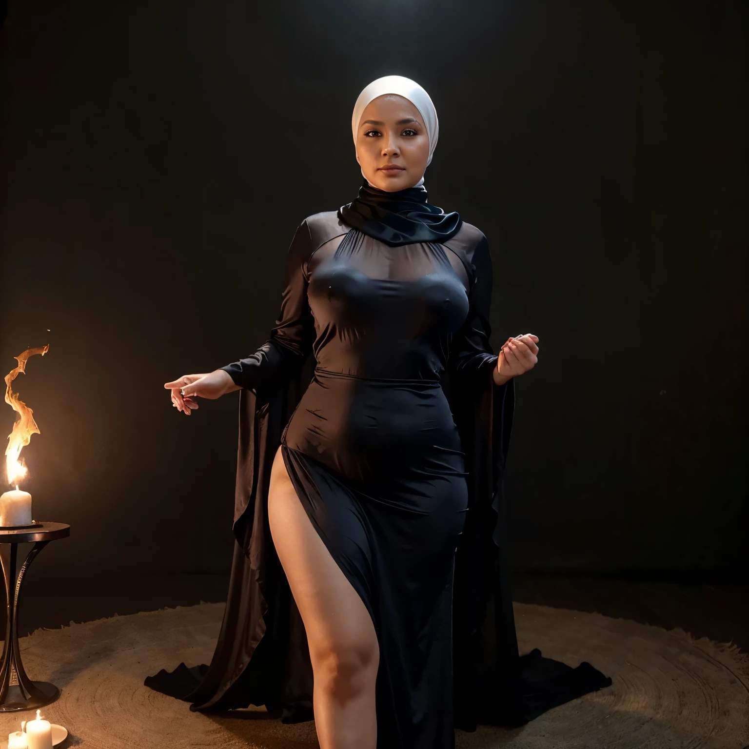 A (mature (age 40) curvaceous Malaysian woman, hijab no hair showing, silk magic gown), is a witch summoning a mythical monster into a magic circle