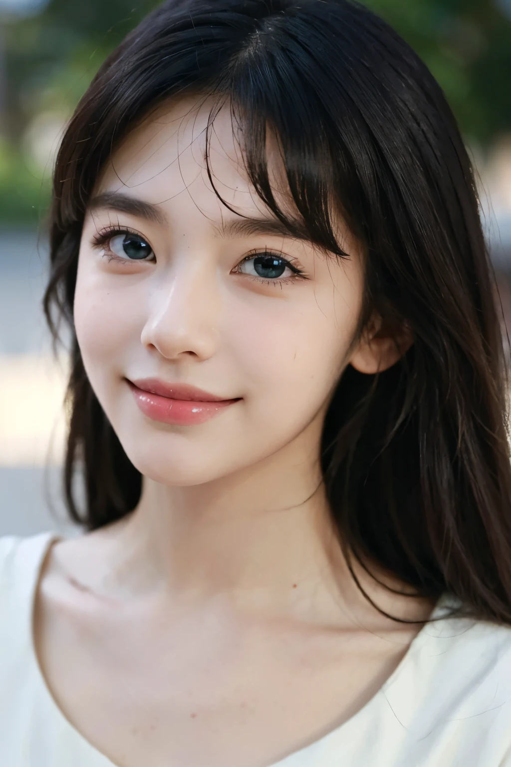 (best quality,4k,high resolution,masterpiece:1.4),super detailed,Very detailed,sharp focus,surreal:1.4,professional, human development report,ultra high definition,bright colors,Bokeh,beautiful and delicate eyes,beautiful and delicate lips,long eyelashes,romantic atmosphere,soft light,Light and shadow contrast, Lighting effects,Lively and youthful,high nose bridge,Sexy,black hair,girl,smiling,charming,street background,亚洲girl