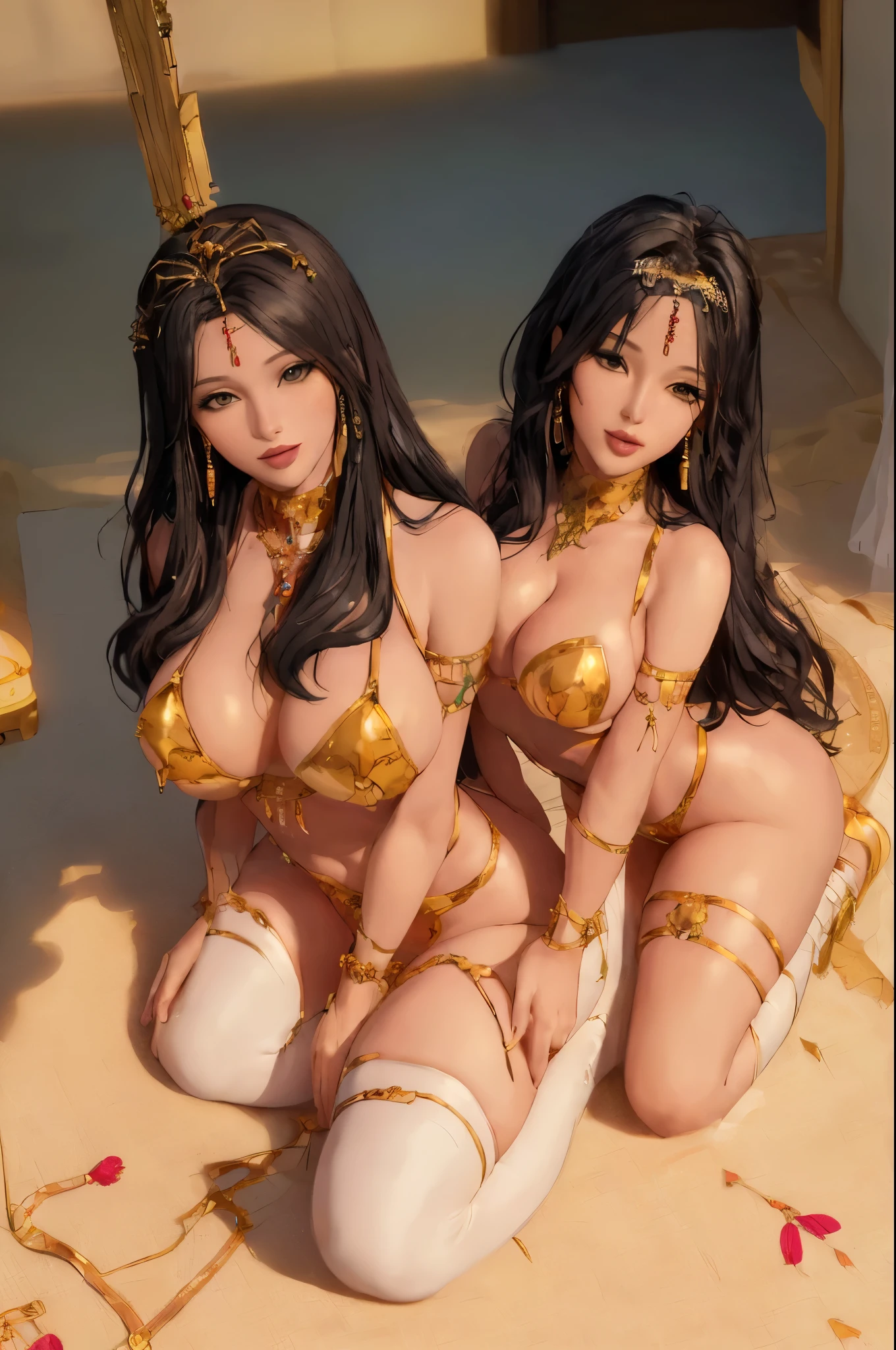 ((best quality, 8k, tmasterpiece:1.3)), 2women, 2 women on their knees next to each other, hands on their lap, bzccostume, Brazilian carnival costume, wedding bjd, black hair, dark hair, long hair in front of shoulders, pale skin, large breasts, looking up at viewer, smiling face, blushing, white lingerie, micro bikini, showing midriff, stockings, white stockings, gold armlets, gold tiaras, bracelets, white chokers, necklace, thong, underboob, showing shoulders, carpet floor pattern, simple floor, sweating, shiny skin,