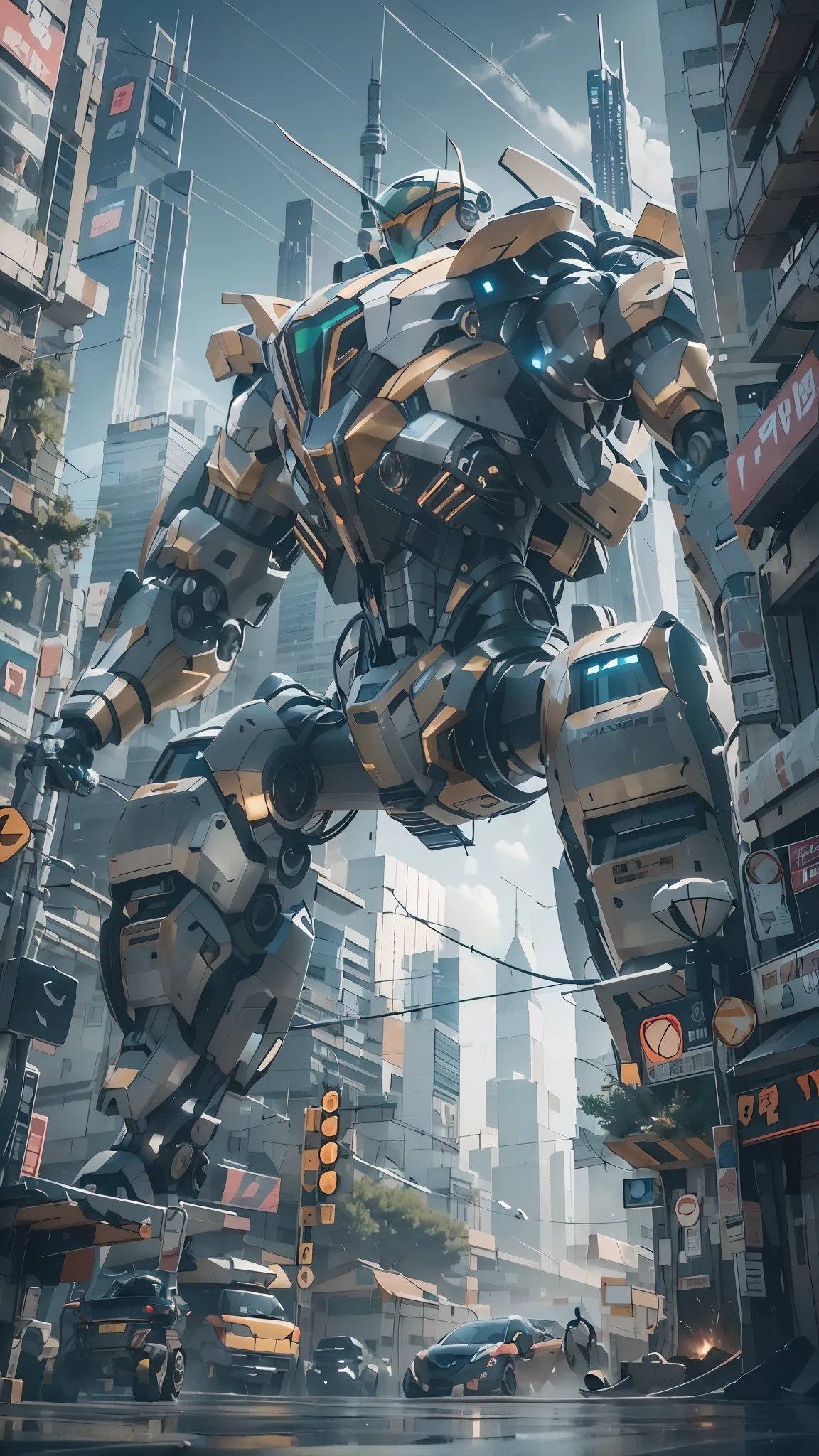 best quality，masterpiece，16k，Giant mecha,Vital Suits,building,Car tire structure feet,car,city,city lights,cityscape,cloud,day,destruction,east asian architecture,ground vehicle,Complex mecha structure,Looking up,Multicolored mecha,Half squat posture,full body,Super complex mechanical structure,mecha,outdoors,radio antenna,realistic,road,ruins,science fiction,skyscraper,street,traffic light