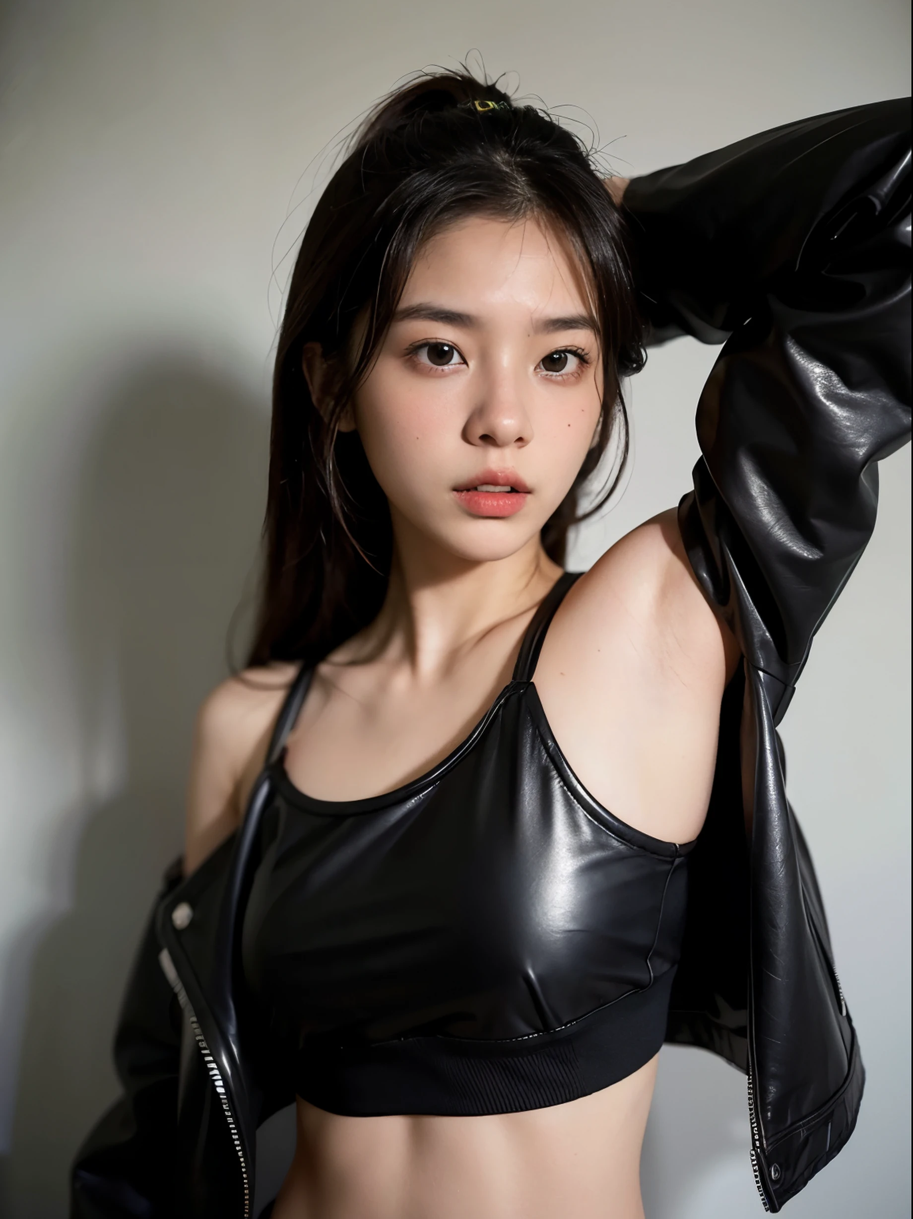 (8k、RAW Photos、top-quality、​masterpiece:1.2)、(realistic Photo-realsitic:1.37)、1girl in、japanese, 18-years old, face lights, Detailed face、Detailed lips, (wearing a black faux leather jacket over silver sports bra:1.5), (exposed right shoulder and armpit :1.5), seductive pose, opened jacket, long black hair,