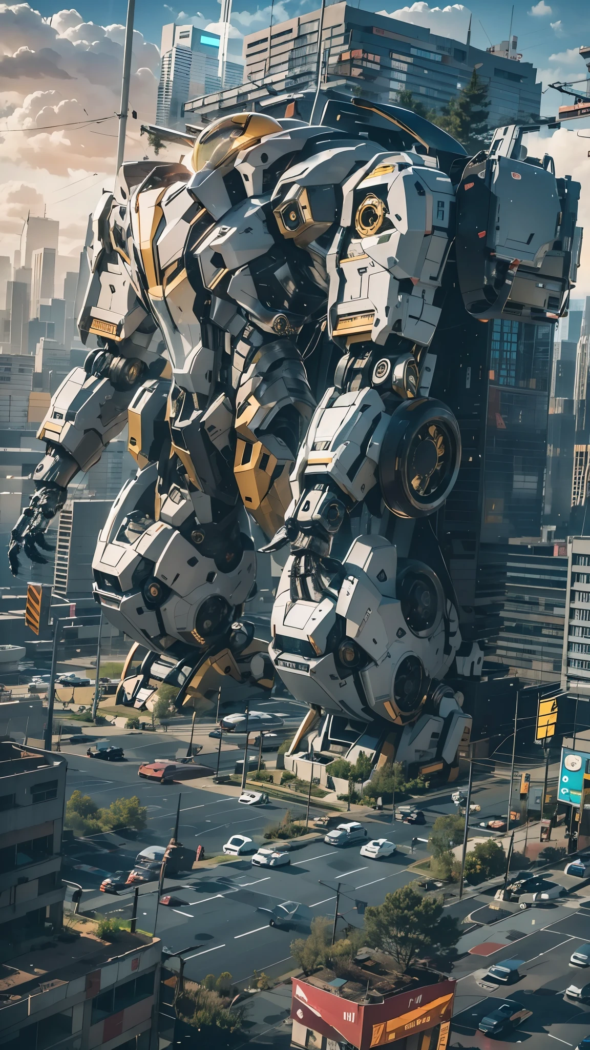 best quality，masterpiece，16k，Giant mecha,Vital Suits,building,Car tire structure feet,car,city,city lights,cityscape,cloud,day,destruction,east asian architecture,ground vehicle,Complex mecha structure,Looking up,Multicolored mecha,Half squat posture,full body,Super complex mechanical structure,mecha,outdoors,radio antenna,realistic,road,ruins,science fiction,skyscraper,street,traffic light