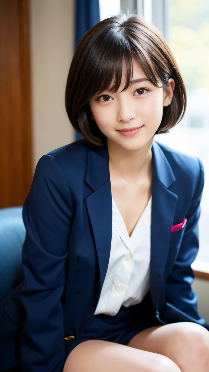 Best-quality, Masterpiece, Ultra-High-Resolution, (Photorealistic:1.4), Raw-Photo, at hotel-room, 1girl, -yeld, thost famous Japanese idol, ((wearing only navy-blue blazer)), sitting on luxurious-chair, extremely cute face like the most popular Japanese idol, extremely beautiful big-eyes, extremely beautiful black-short-cut-haired, extremely beautiful skins, extremely beautiful long-eyelashes, extremely beautiful lips, looking at viewer, innocent-smile