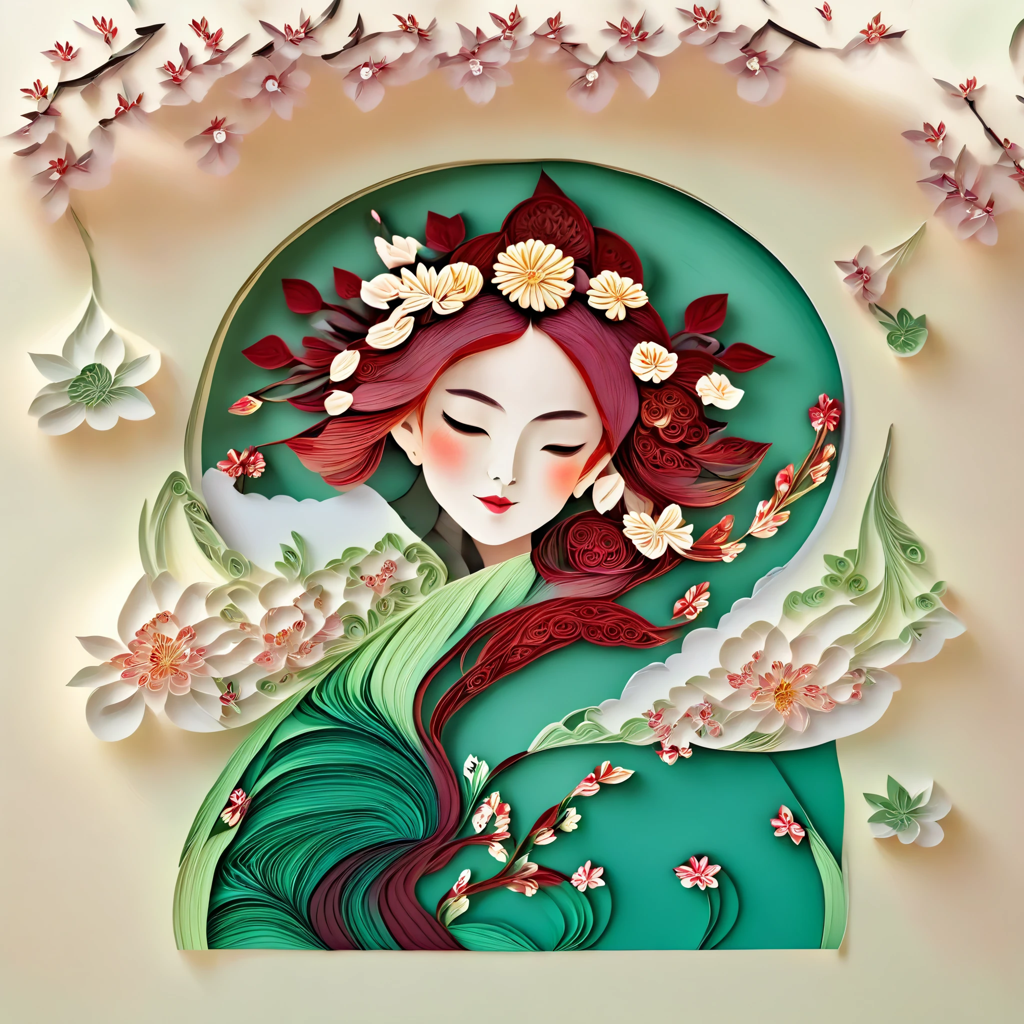 Light Green background,(Beautiful girl portrait,Plum Blossom, Jasmine),(Oriental elements, Chinese color,Very colorful)，(number art, paper art,layered paper art,paper quilling,paper-cut,paper sculpture)