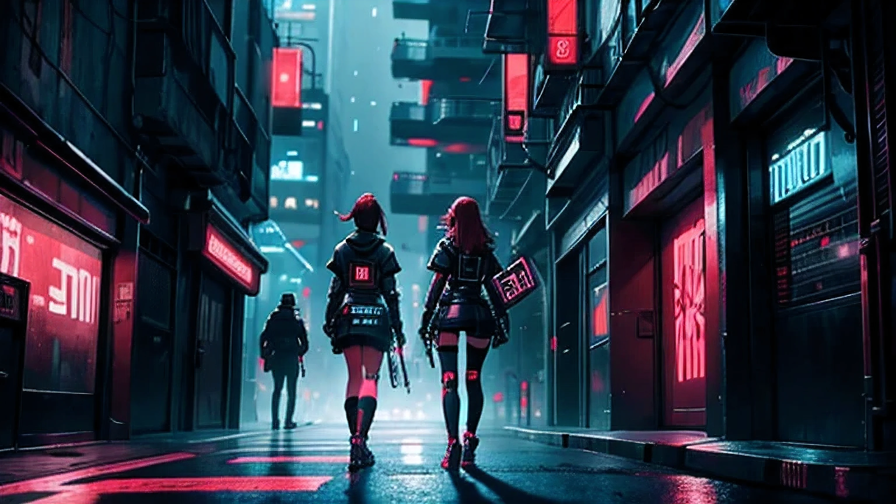 Ciudad al estilo cyber punk con una chica peli roja al lado izquierdo