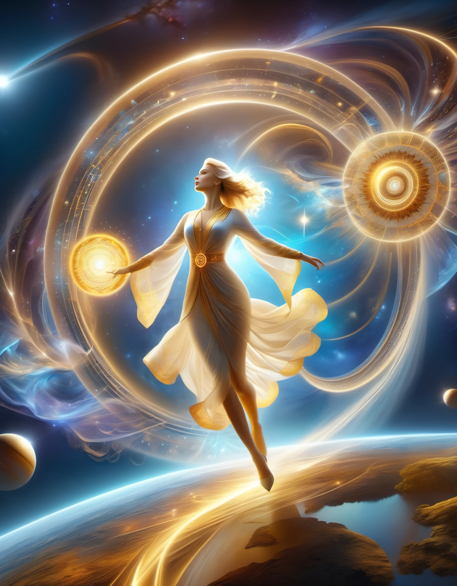 A beautiful woman against this interstellar background,Walking alone on Mobius Avenue,The 3D rendering of complex combination rituals, such as magic arrays, sacred geometry, sharp focal points, floating ghost mages, collapse of heaven and earth, combination magic arrays, summoning, transformation of matter and non matter, and golden practice, adopts the style of Mike Winkelmann and the style of Role Armstrong: fractal, Alberto Vargas, and H.R.Geiger, magical realism, classical realism, surrealism, imagination, science fiction, from another field, Impossible, visual exaggeration, post punk, nano punk, atomic punk, assembly, circuits, hedge pruning, light painting, Aries, ♈ Ah, Taurus, ♉ Ah, Gemini, ♊ Hey, cancer ♋ Ah, Scorpio ♏ Ah, Libra, ♎ Ah, Virgo, ♍ Ah, Leo, ♌ Ah, Sagittarius, ♐ Ah, Capricorn, ♑ Ah, Aquarius, ♒ Ah, Pisces, ♓ Ah, Unreal engine, octane rendering, V-Ray, high detail, high quality, high resolution, surrealism, 16K, ultra wide angle, aerial photography, bird's-eye view,,