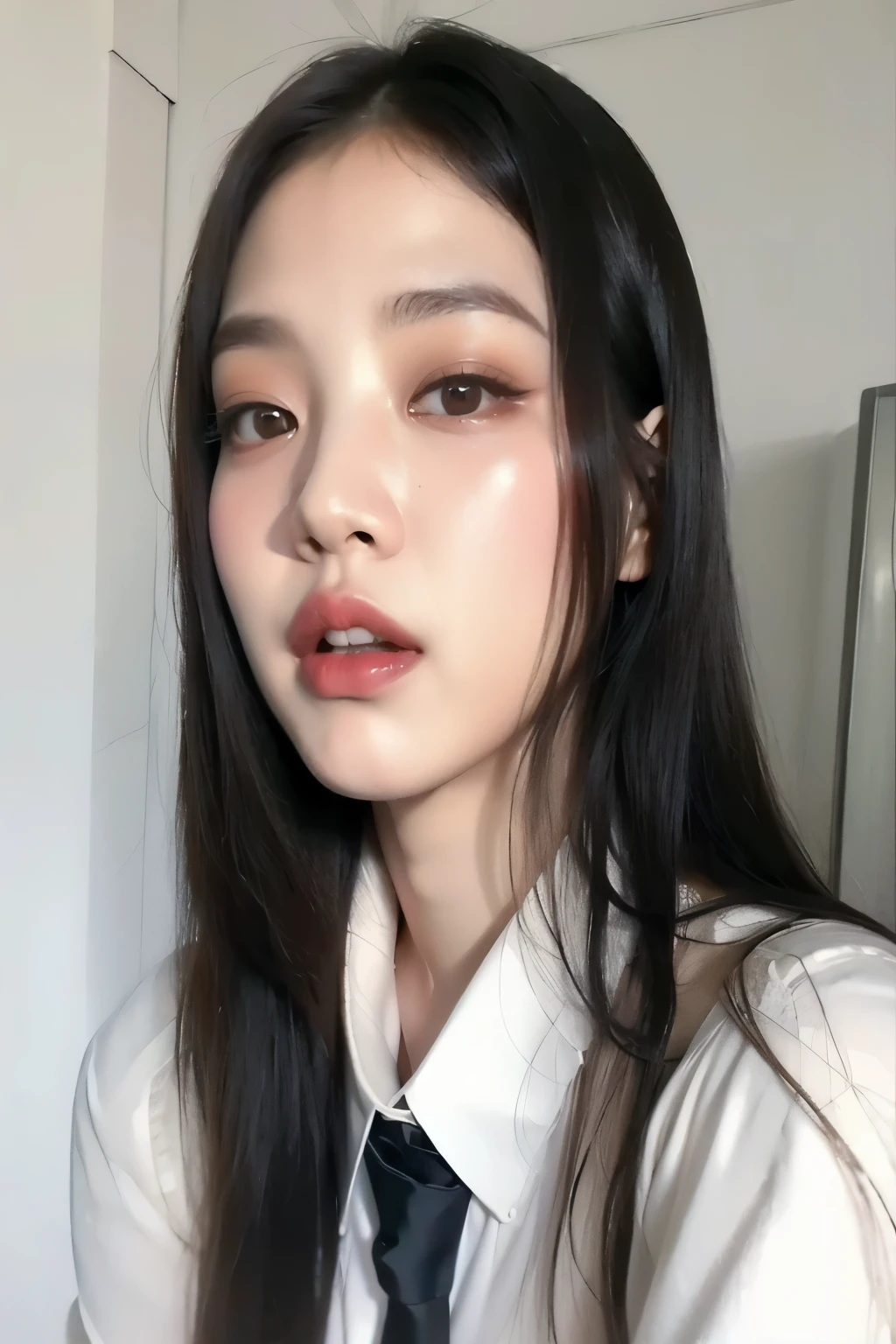 There is a long-haired woman wearing a tie and white shirt, maquiagem coreana popular, maquiagem sul-coreana popular, cruel korean goth girl, Ulzzang, coreana, beautiful aesthetic face, rosto sexy com maquiagem completa, young lovely korean face, Beautiful pale makeup, korean symmetrical face, lindo rosto de garotas japonesas, Beautiful Asian girl, Korean facial features