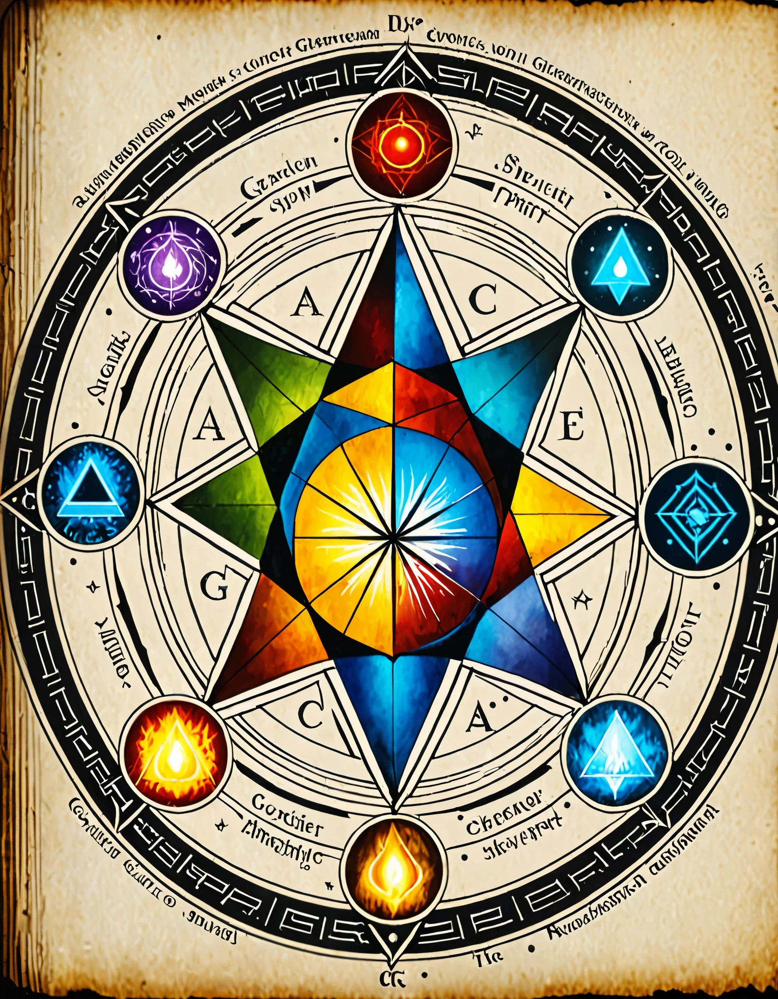 magic circle，sacred geometry，sharp focus，element class：Generally used for the four major elements（Water, fire, rustic，Also cold, hot, dry and wet。Corresponding to the four corners below，The top corner is the spirit，or philosopher&#39;s stone。It is not clear）The call and the gathering of strength，Extreme caution and expertise are required in the drawing process，Otherwise, it is easy to cause backlash during the process of gathering high-concentration elements.。