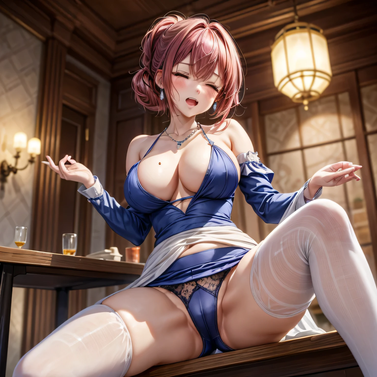 High-definition images, atmospheric perspective, 8k, Super detailed, Accurate, highest quality, anime background, 1 female, at last, (ecstasy face), (droopy eyes), (blush), ((sleepy)), ((precisely designed, Luxury and colorful shorts for adults, panties High-definition images, Draw pants with super precision)), ((show off panties)), ((she has pubic hair, Pubic hair sticking out of pants), (spread your legs, raise your legs) open your mouth, (swollen areola), ((thin thighs, thin legs)), pantyhose, earrings, simple necklace, straddle, masturbation, (strange pose), ((moment of orgasm)), (angle from below), ((luxury gowns of medieval europe)), hair up, (straddle to hit crotch on the corner edge of the table for masturbation),